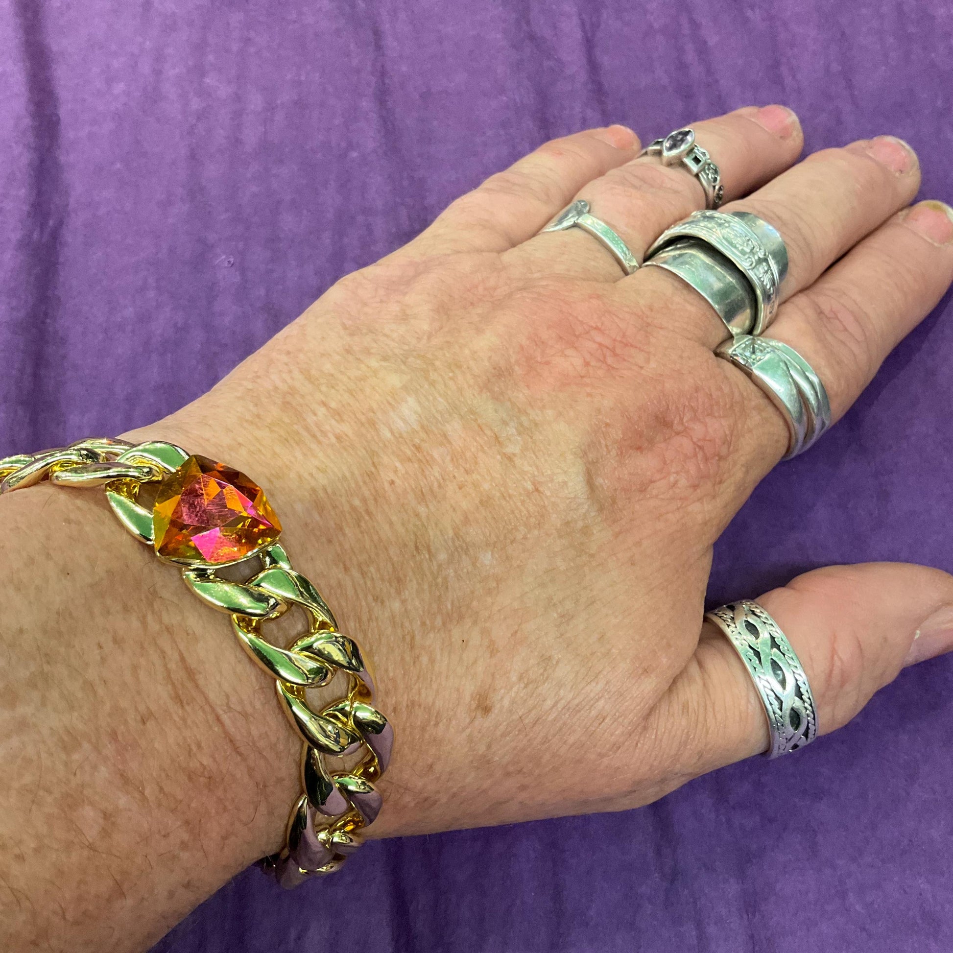 Vintage Butler and Wilson Gold Statement Crystal Chain Braclet, Wide curb chain with orange faceted borealis crystal, Signed