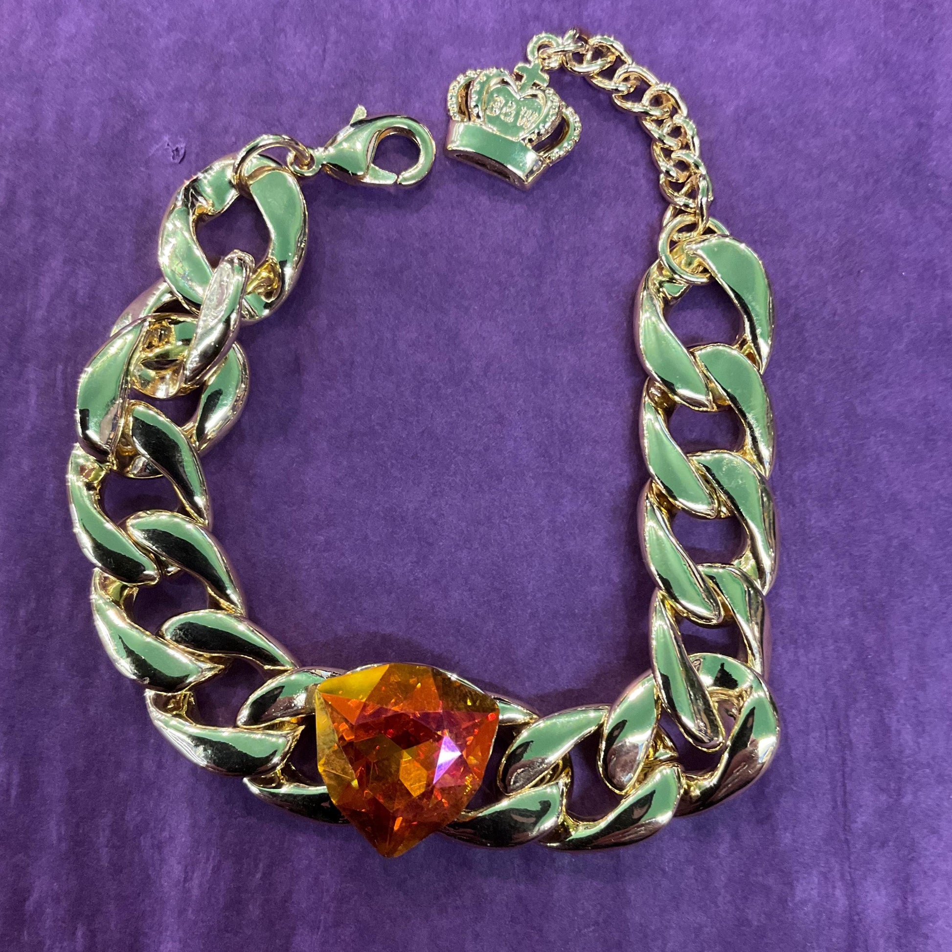 Vintage Butler and Wilson Gold Statement Crystal Chain Braclet, Wide curb chain with orange faceted borealis crystal, Signed