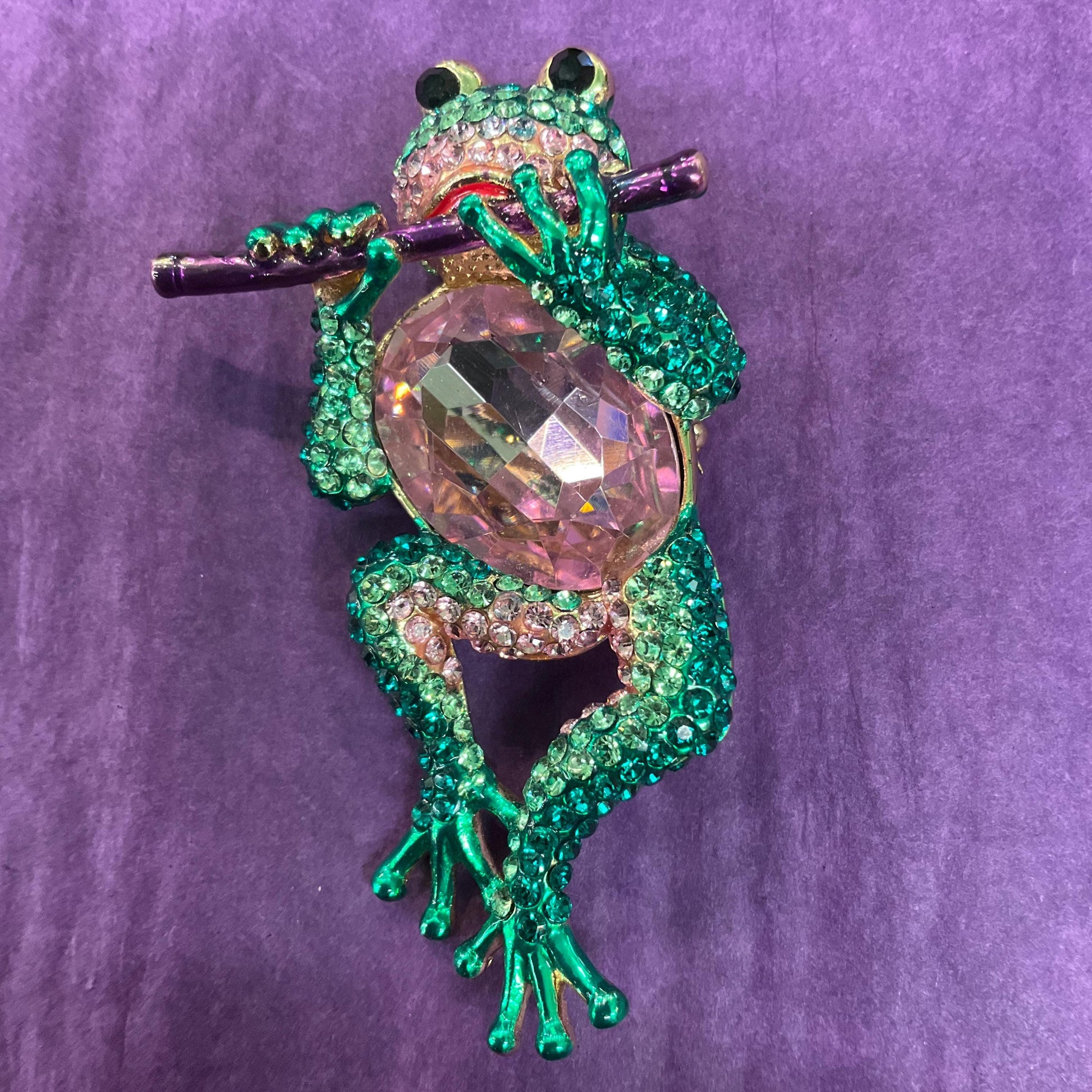 Vintage Butler and Wilson Large Crystal Frog with Flute Brooch, Gold tone with large pink crystal and Green rhinestones, signed