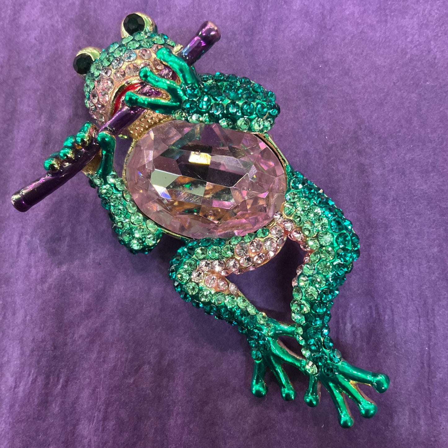 Vintage Butler and Wilson Large Crystal Frog with Flute Brooch, Gold tone with large pink crystal and Green rhinestones, signed