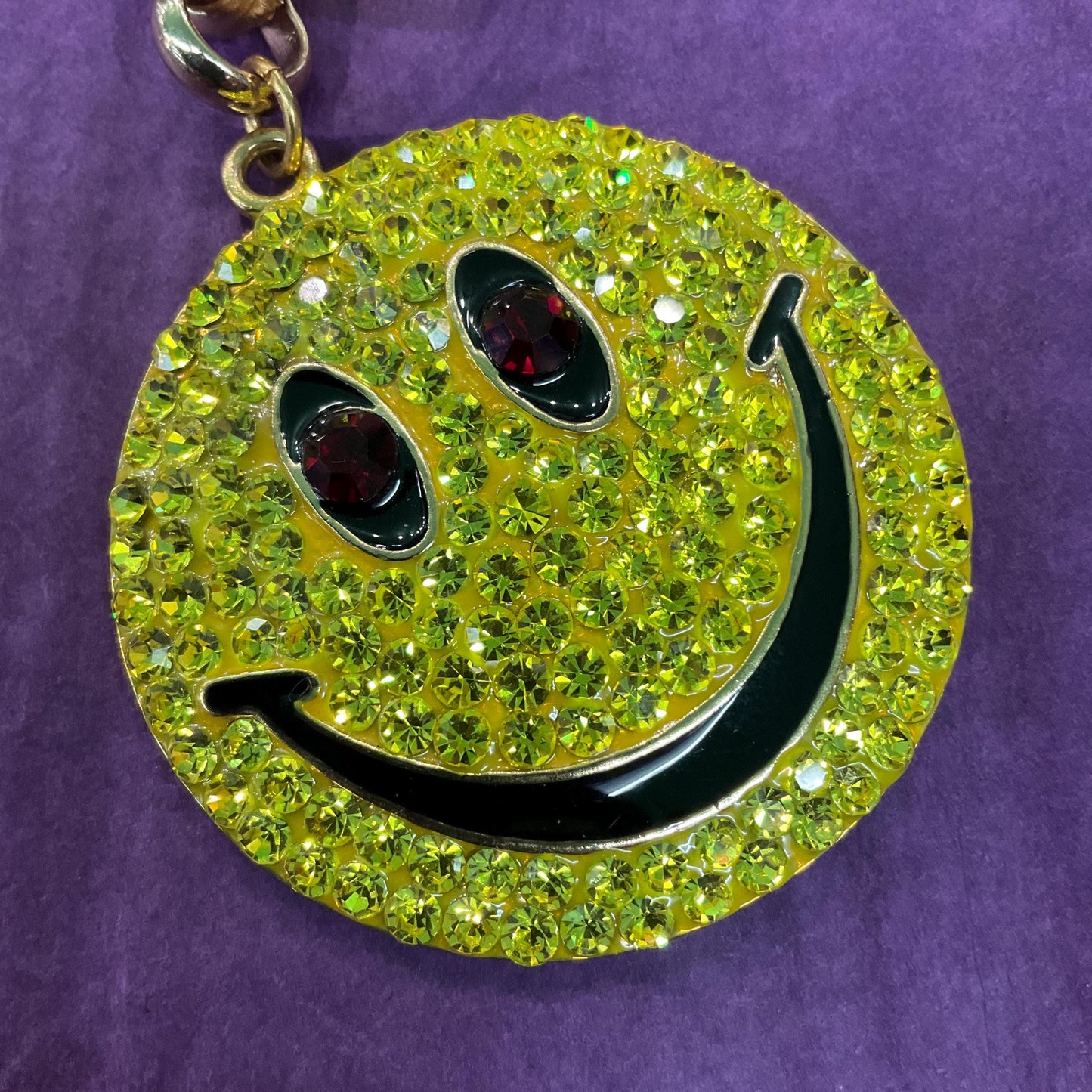 Vintage Butler and Wilson Large Smiley Face Crystal Handbag Charm/ Keyring, Gold tone with enamel and yellow rhinestones