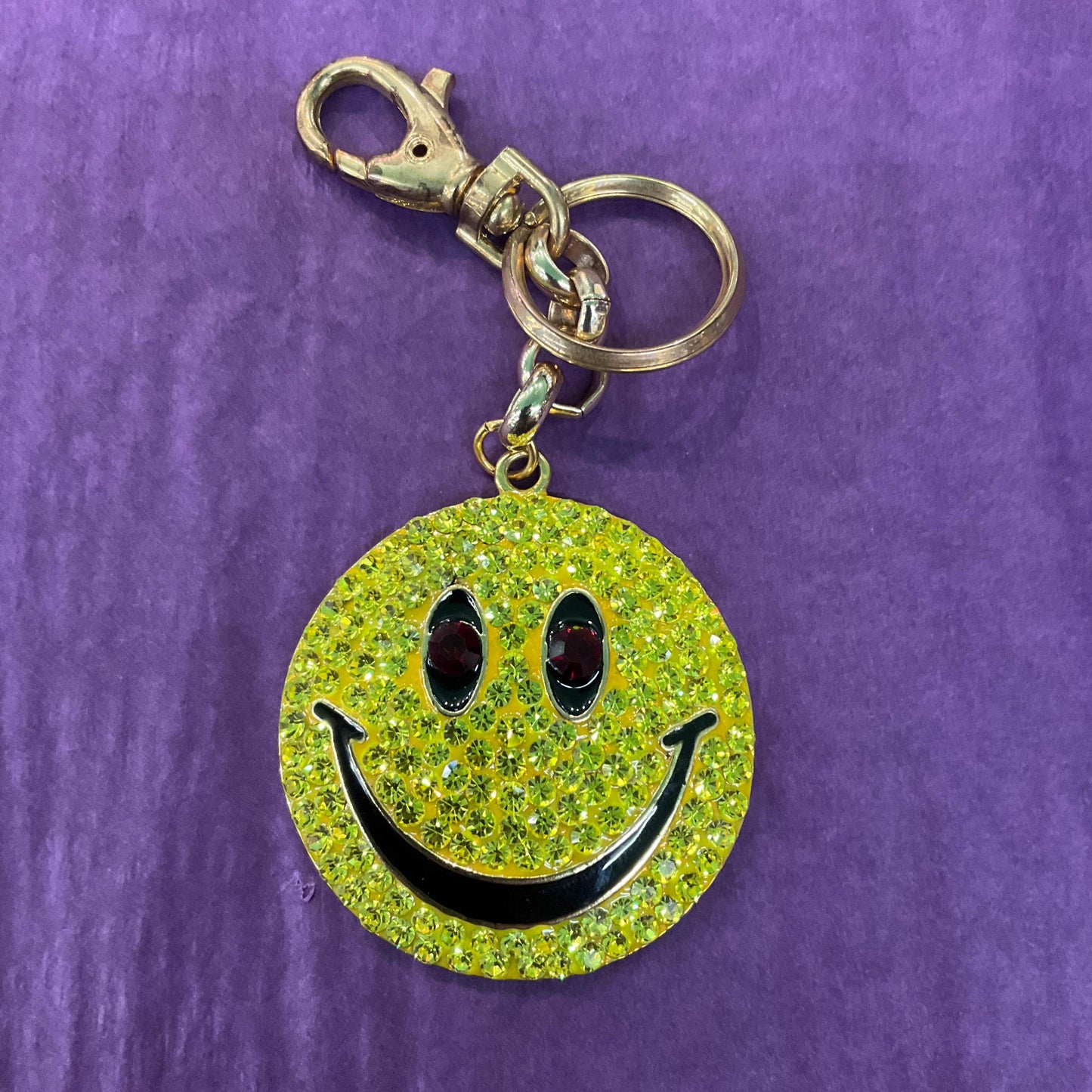 Vintage Butler and Wilson Large Smiley Face Crystal Handbag Charm/ Keyring, Gold tone with enamel and yellow rhinestones
