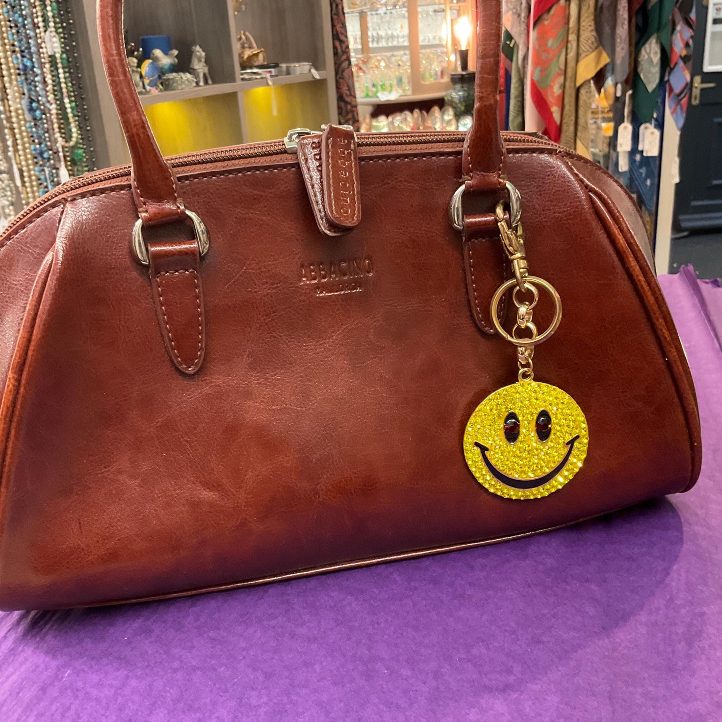 Vintage Butler and Wilson Large Smiley Face Crystal Handbag Charm/ Keyring, Gold tone with enamel and yellow rhinestones