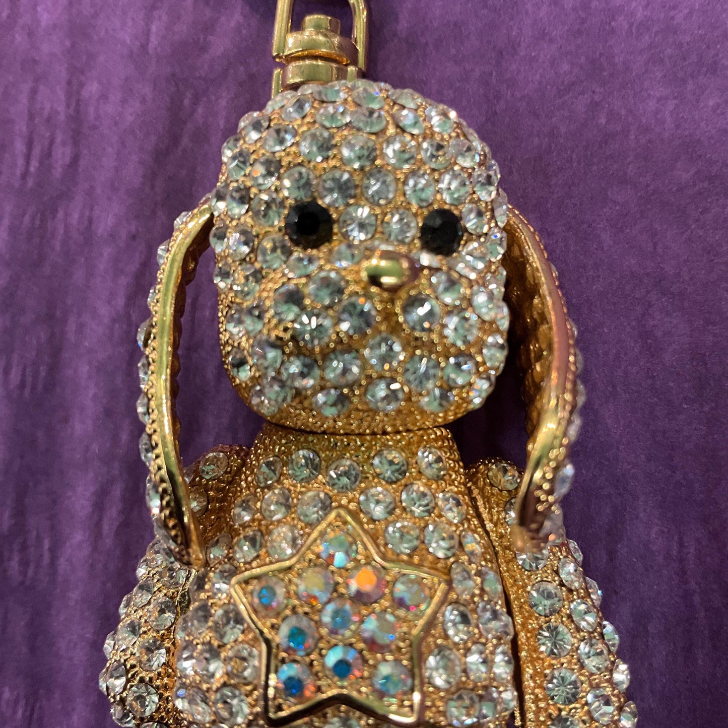 Vintage Butler and Wilson Large Crystal Puppy Handbag Charm / Keyring, Gold tone with silver & Borealis Rhinestones p, Dog lover gift