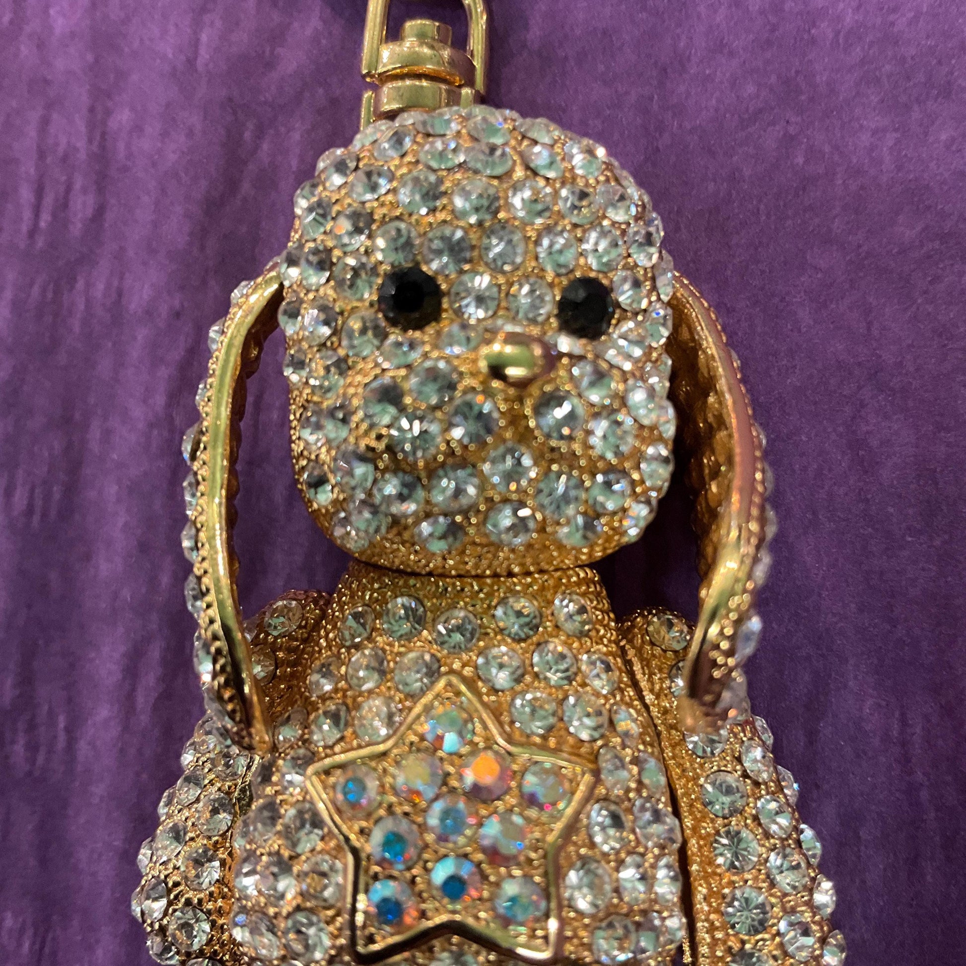 Vintage Butler and Wilson Large Crystal Puppy Handbag Charm / Keyring, Gold tone with silver & Borealis Rhinestones p, Dog lover gift