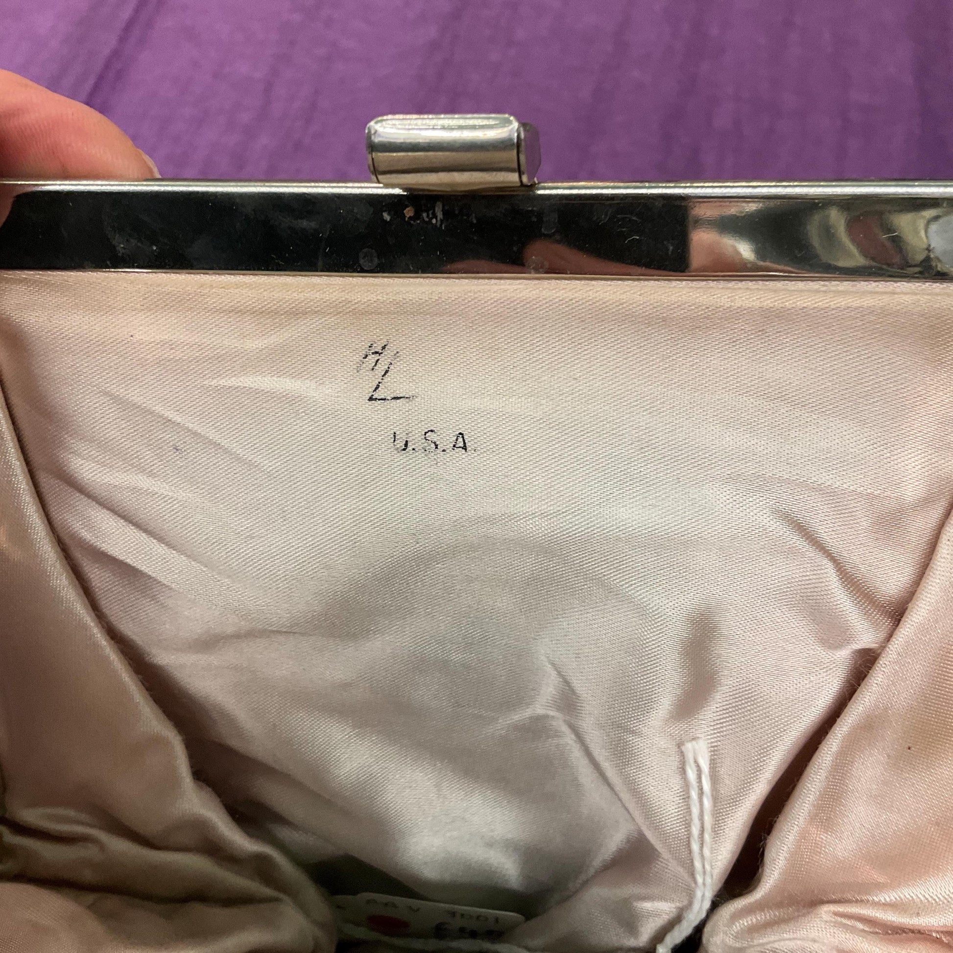 Vintage Mid Century Silver Lurex Evening Bag, Metallic fabric and Art Deco Style Frame