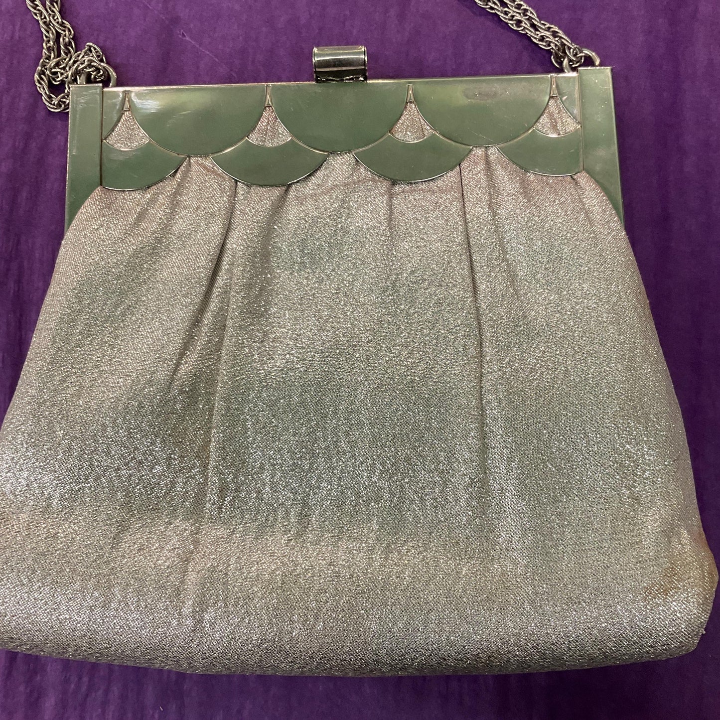 Vintage Mid Century Silver Lurex Evening Bag, Metallic fabric and Art Deco Style Frame