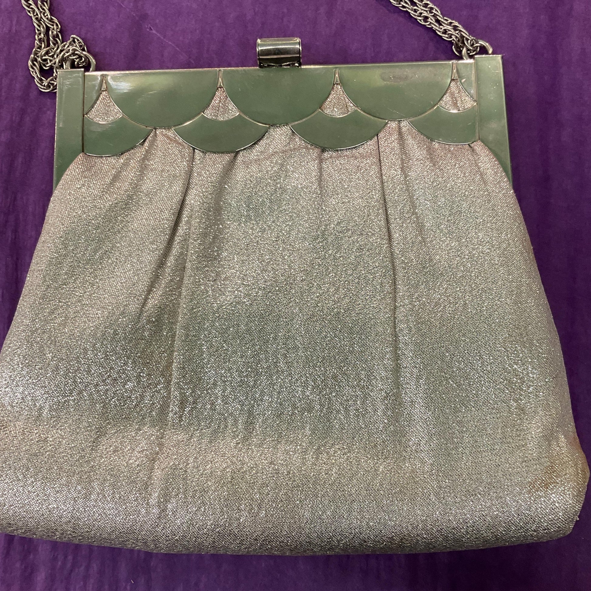 Vintage Mid Century Silver Lurex Evening Bag, Metallic fabric and Art Deco Style Frame