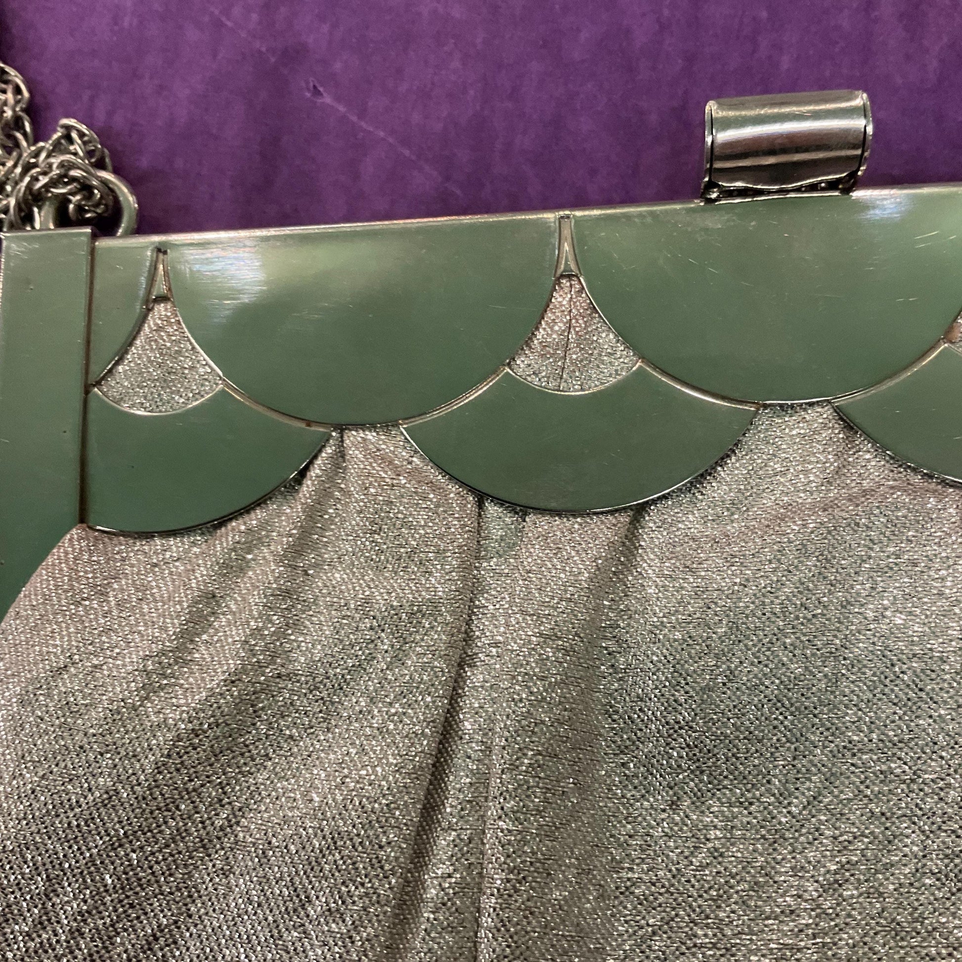 Vintage Mid Century Silver Lurex Evening Bag, Metallic fabric and Art Deco Style Frame