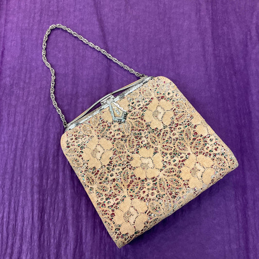 Antique Art Deco Evening Bag by CFR, Rainbow Gitter with Lace overlay, PearlyLucite Frame and Crystal Clasp