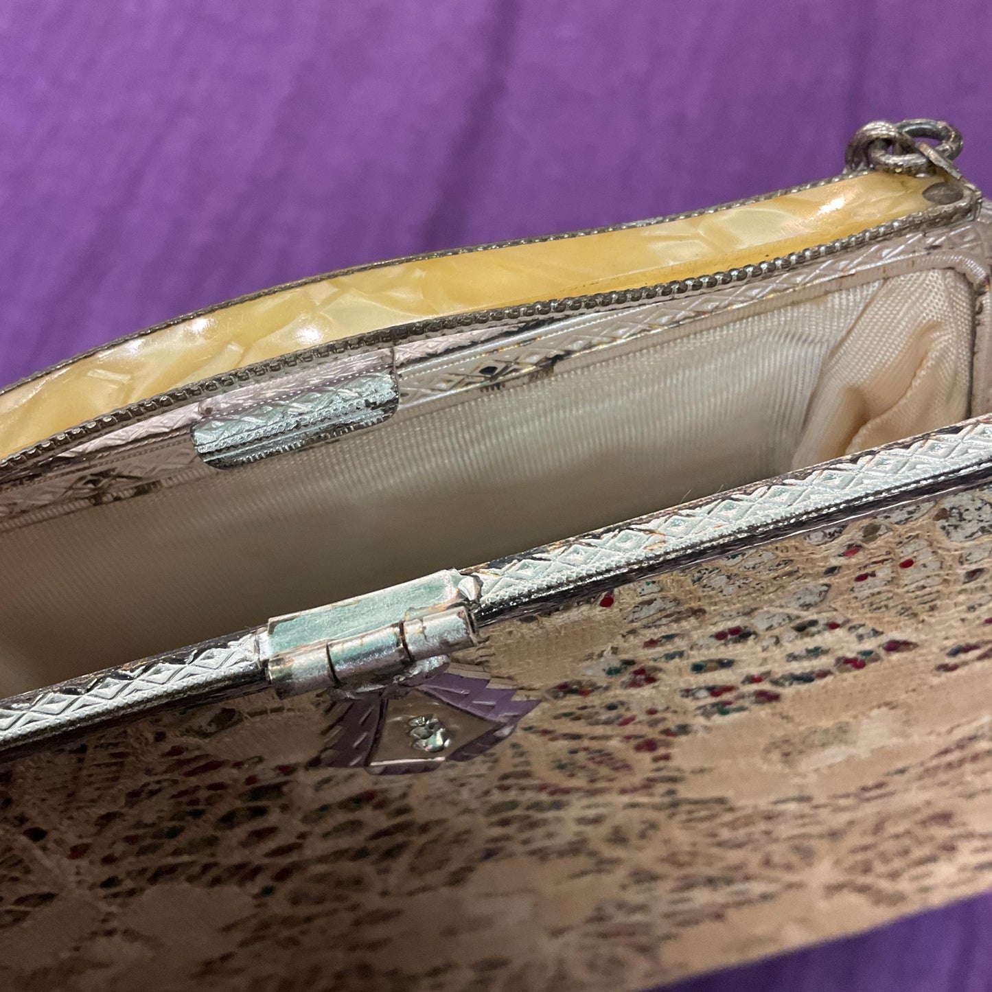 Antique Art Deco Evening Bag by CFR, Rainbow Gitter with Lace overlay, PearlyLucite Frame and Crystal Clasp