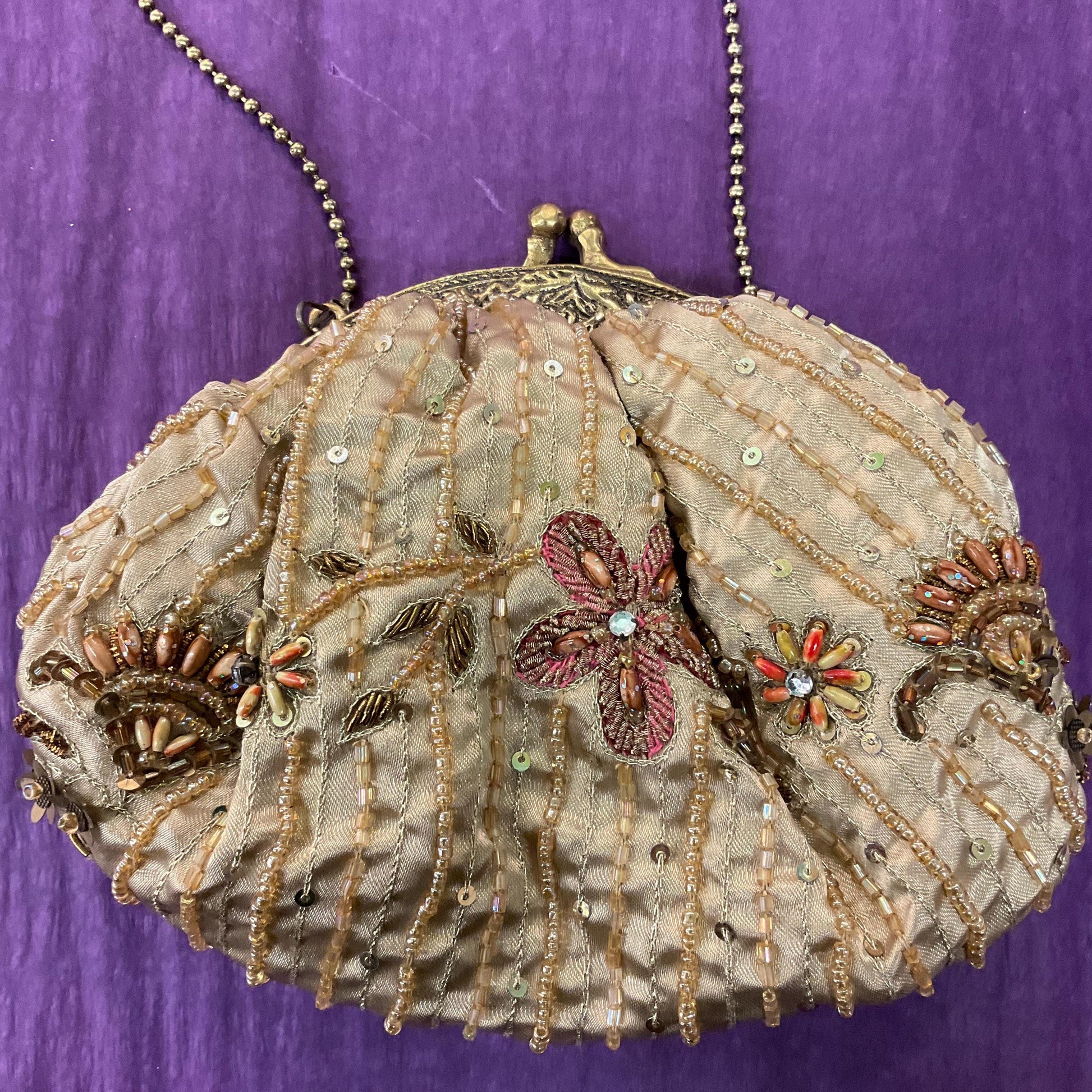 Vintage Bohemian Style Old Gold Satin Floral Beaded Evening Bag, Beautifully Embellished with earthy colours of beads and sequins