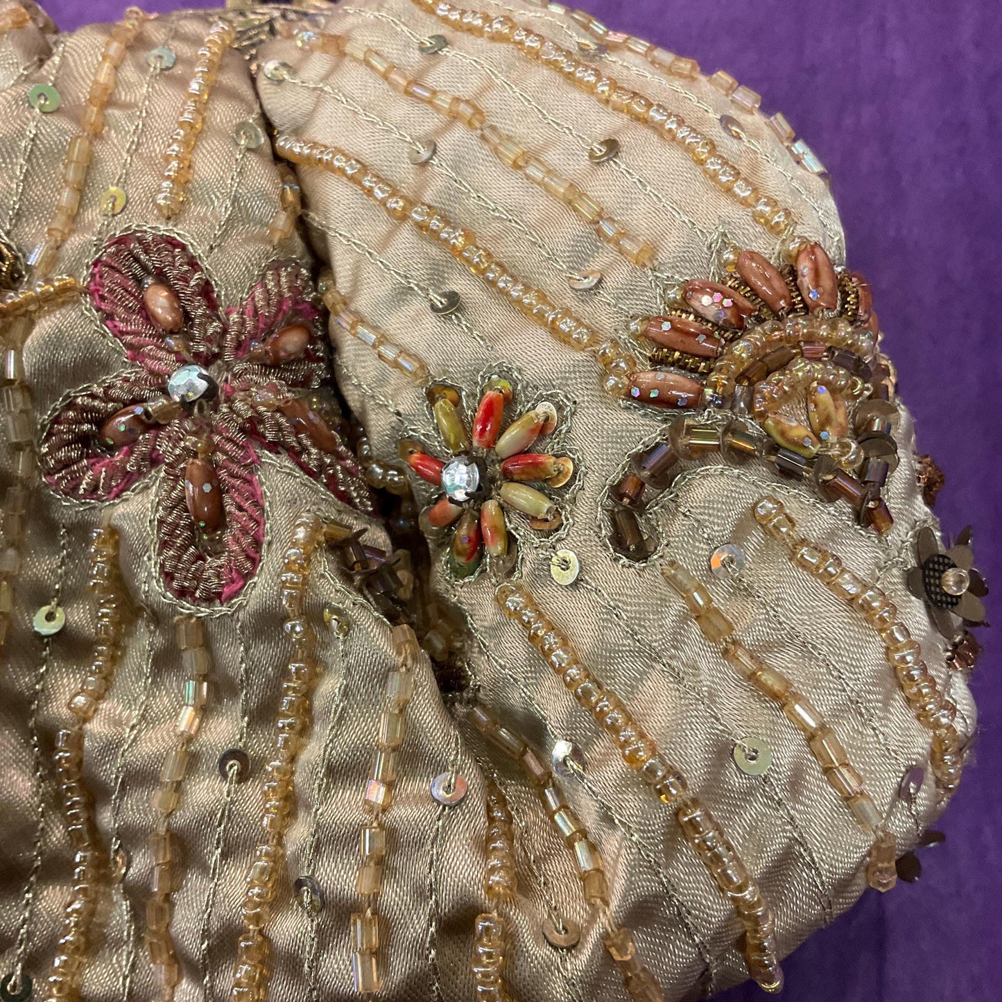 Vintage Bohemian Style Old Gold Satin Floral Beaded Evening Bag, Beautifully Embellished with earthy colours of beads and sequins