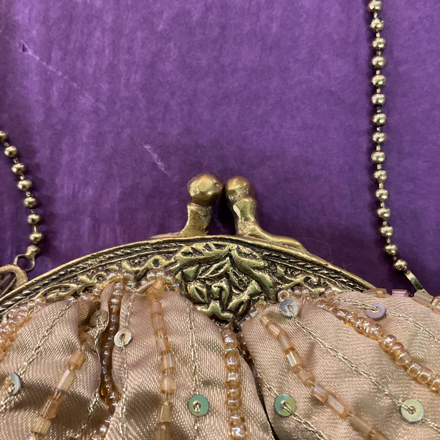 Vintage Bohemian Style Old Gold Satin Floral Beaded Evening Bag, Beautifully Embellished with earthy colours of beads and sequins