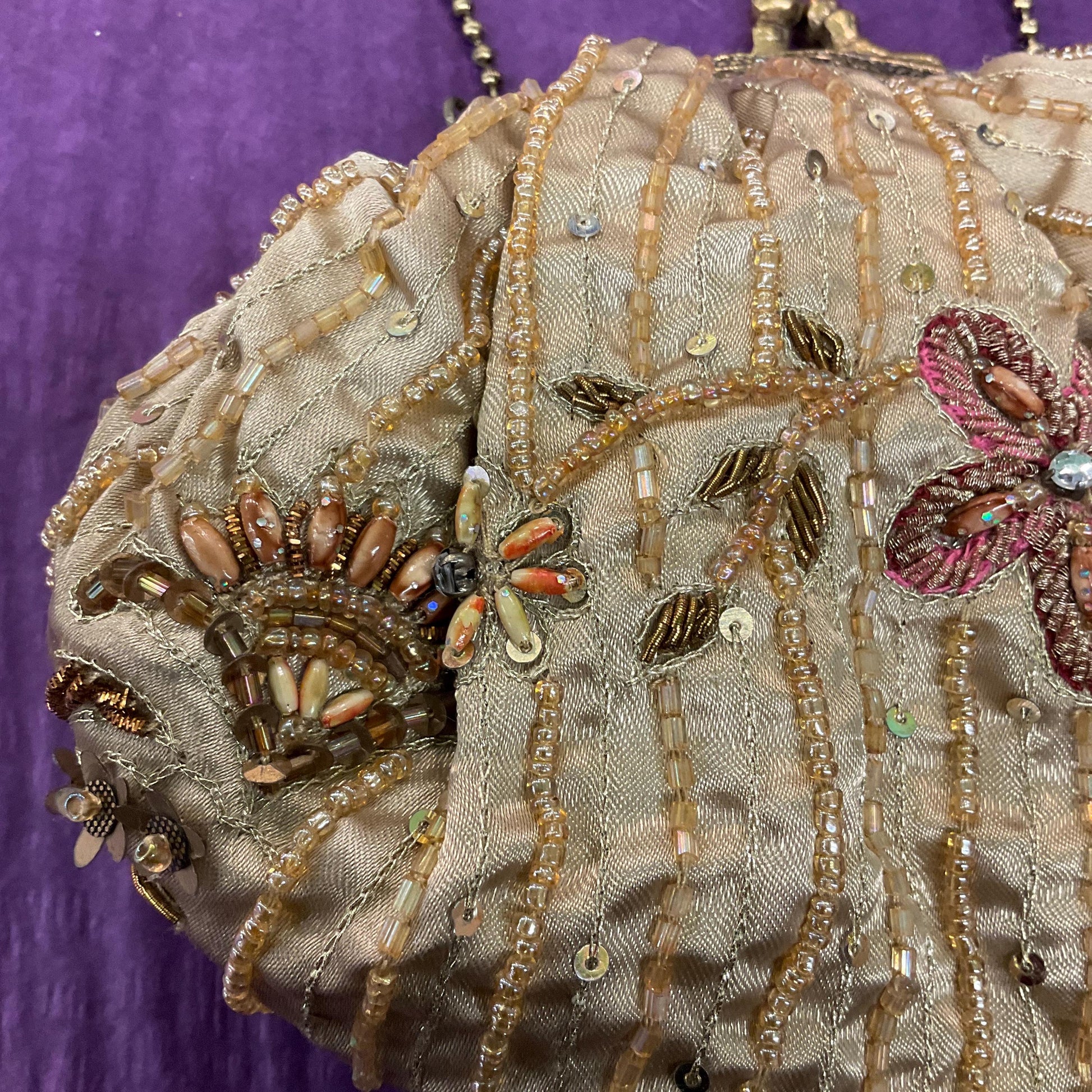 Vintage Bohemian Style Old Gold Satin Floral Beaded Evening Bag, Beautifully Embellished with earthy colours of beads and sequins