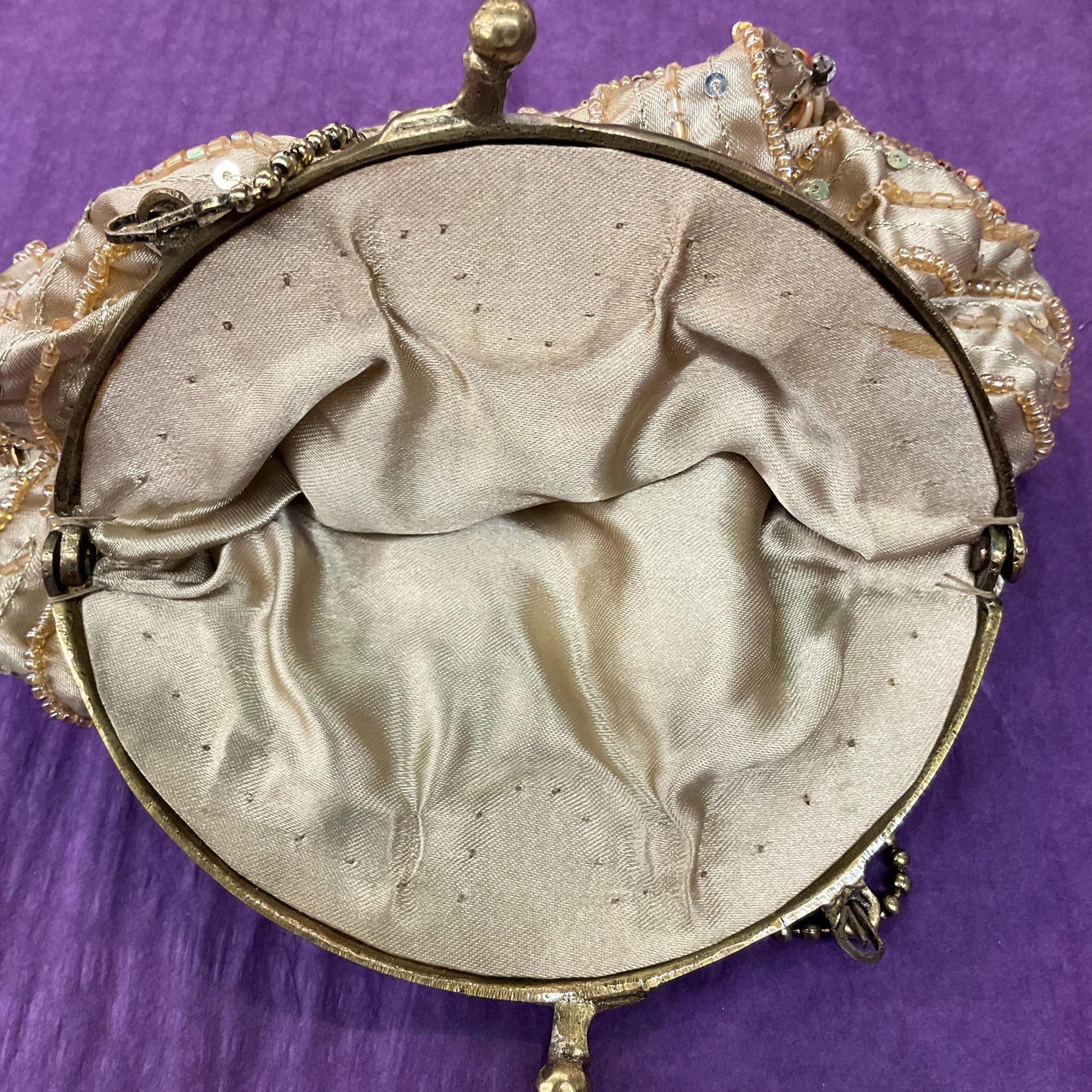 Vintage Bohemian Style Old Gold Satin Floral Beaded Evening Bag, Beautifully Embellished with earthy colours of beads and sequins