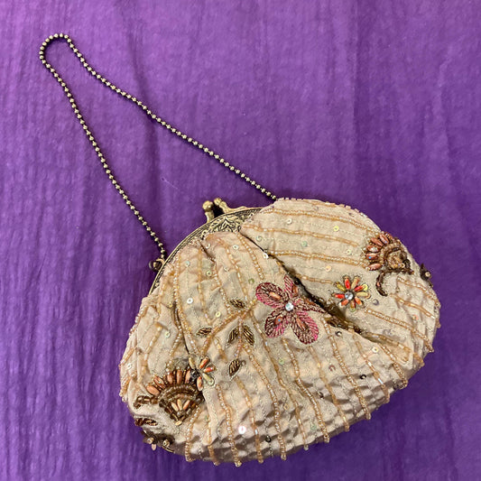Vintage Bohemian Style Old Gold Satin Floral Beaded Evening Bag, Beautifully Embellished with earthy colours of beads and sequins
