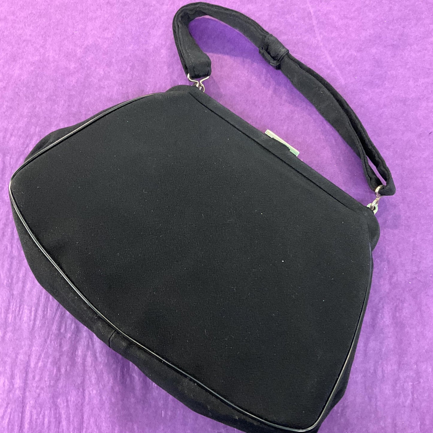 Antique Art Deco Black Crepe Silk Evening Bag by CFR, silver flower clasp, original vanity mirror and George VI sixpence