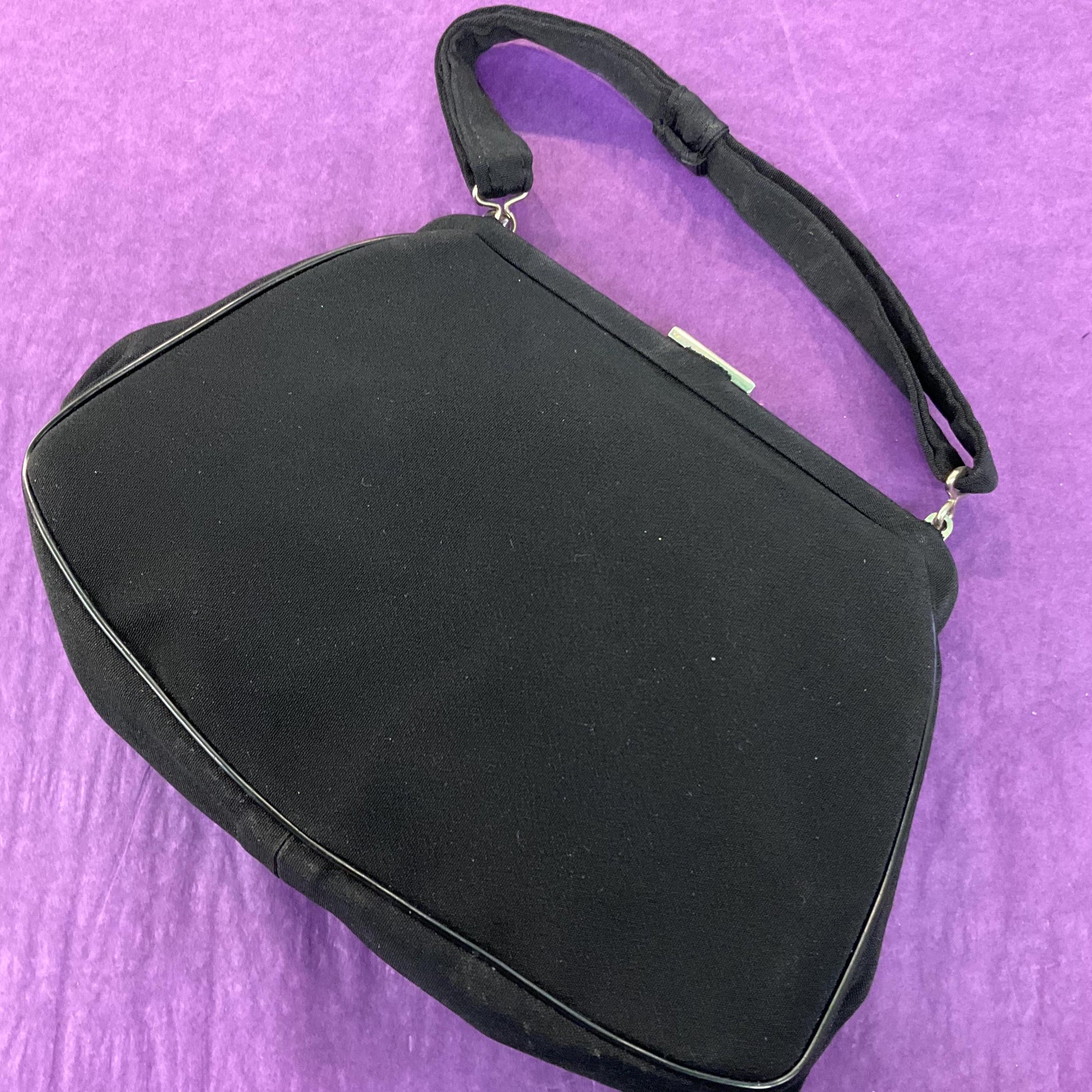 Antique Art Deco Black Crepe Silk Evening Bag by CFR, silver flower clasp, original vanity mirror and George VI sixpence