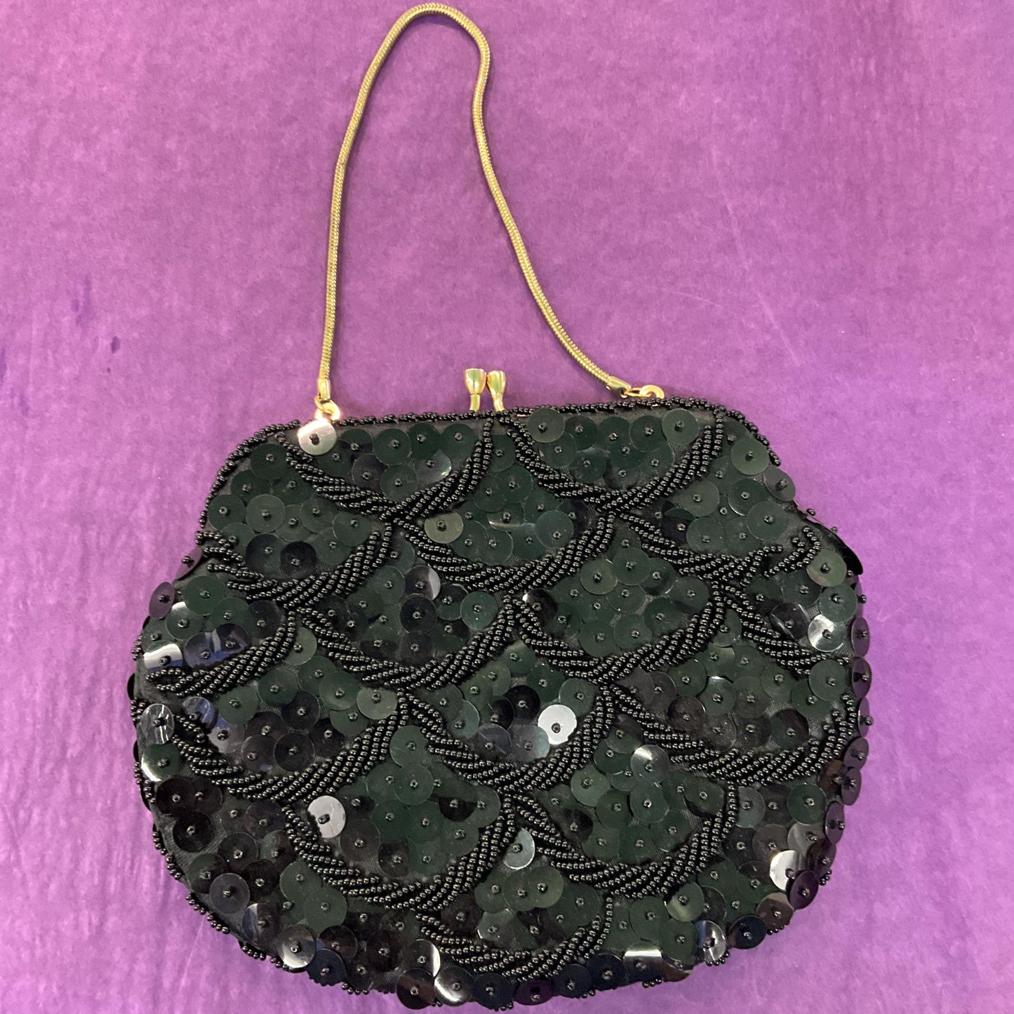 Vintage 1950s Black Beaded Evening Bag , Black satin with seed beads and sequins, formal event
