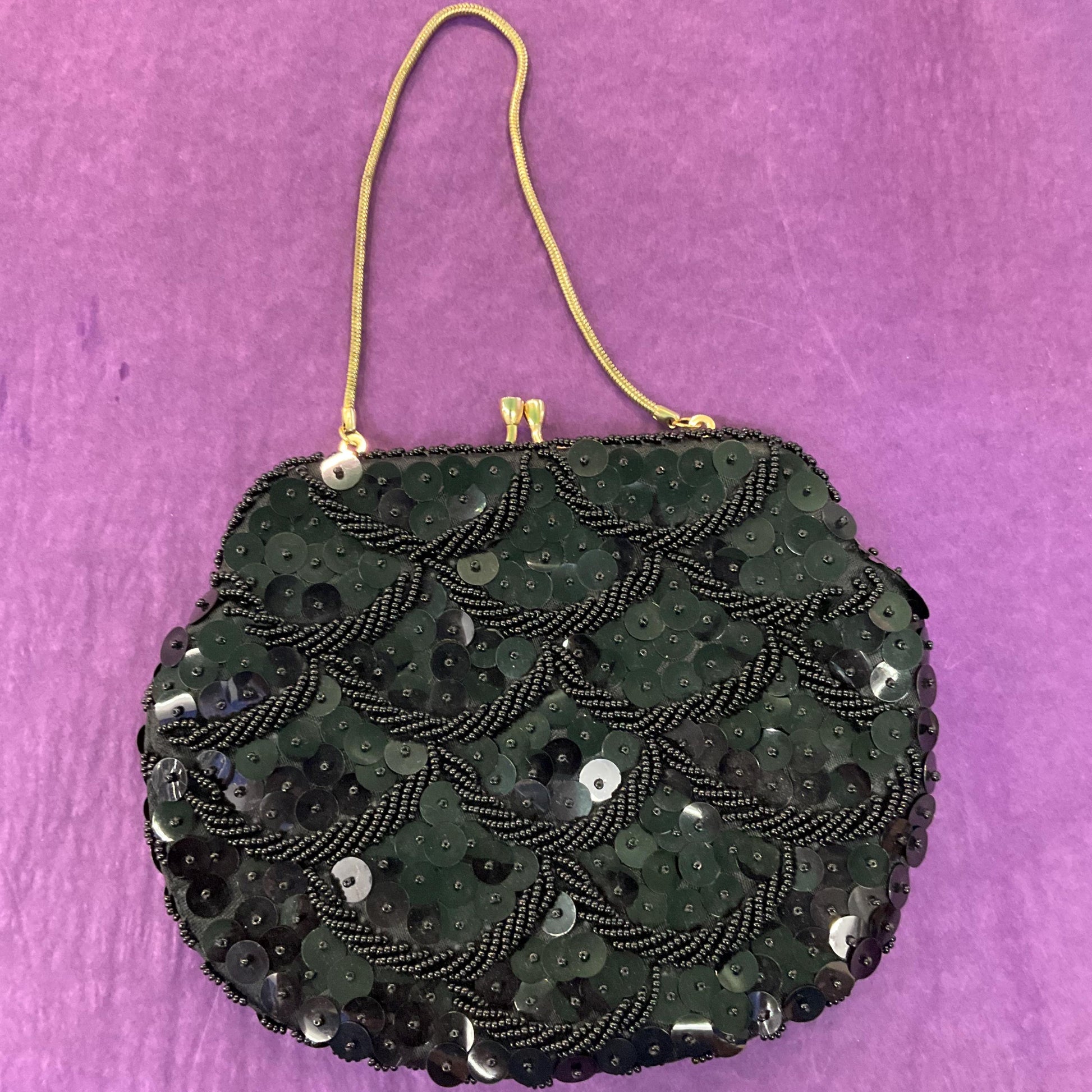 Vintage 1950s Black Beaded Evening Bag , Black satin with seed beads and sequins, formal event