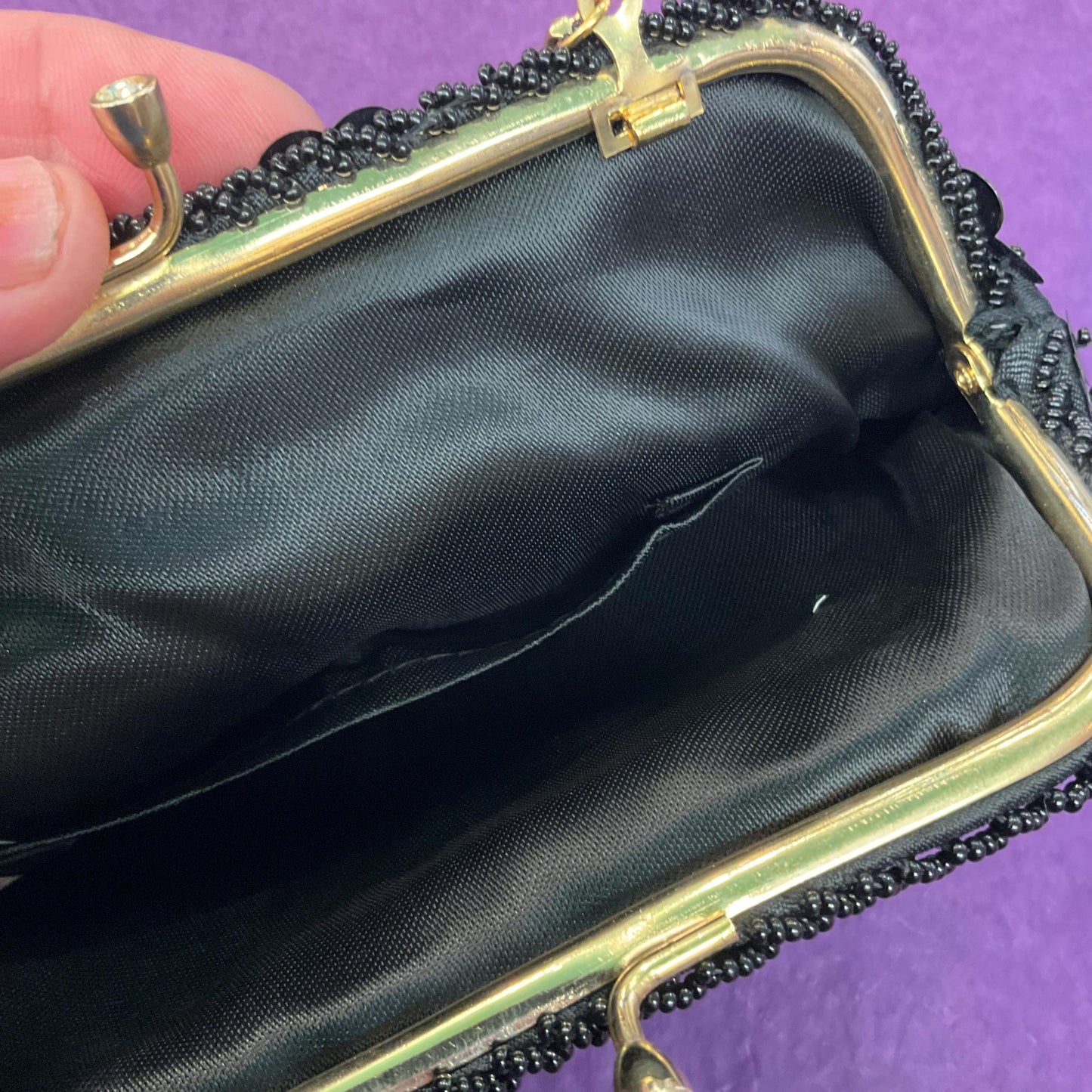 Vintage 1950s Black Beaded Evening Bag , Black satin with seed beads and sequins, formal event