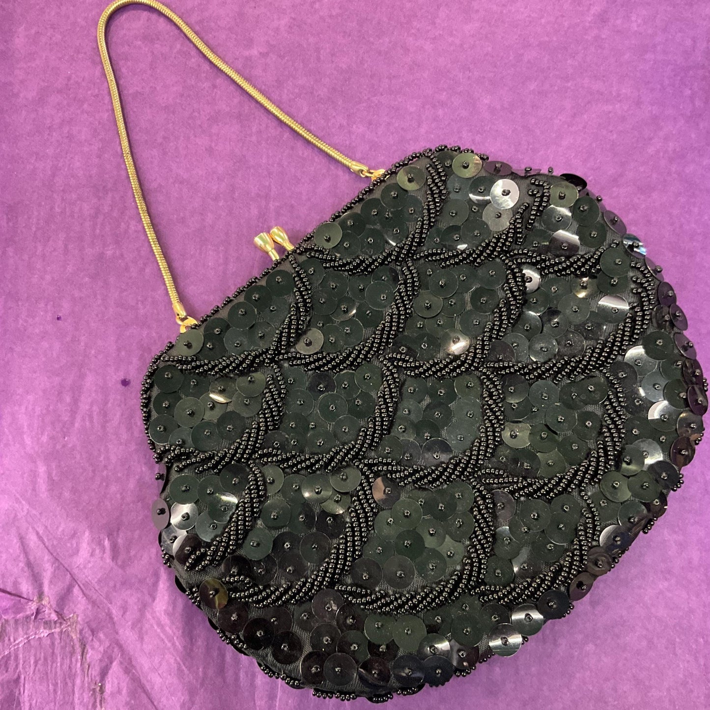 Vintage 1950s Black Beaded Evening Bag , Black satin with seed beads and sequins, formal event