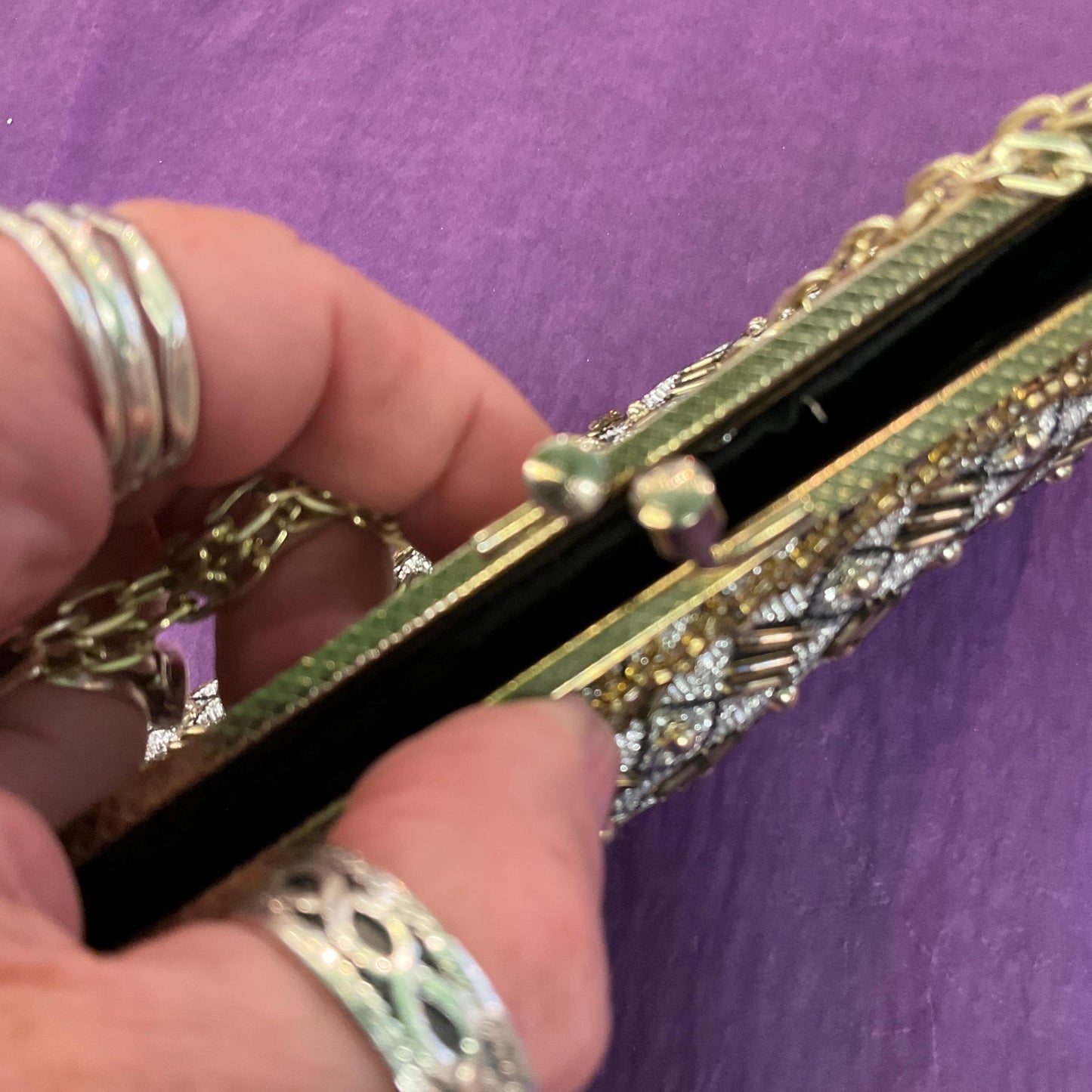 Vintage Mid Century Silver Metallic Lurex Evening Bag, Gold Beaded decoration and white lucite frame