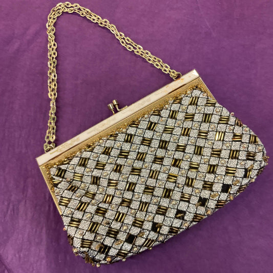 Vintage Mid Century Silver Metallic Lurex Evening Bag, Gold Beaded decoration and white lucite frame