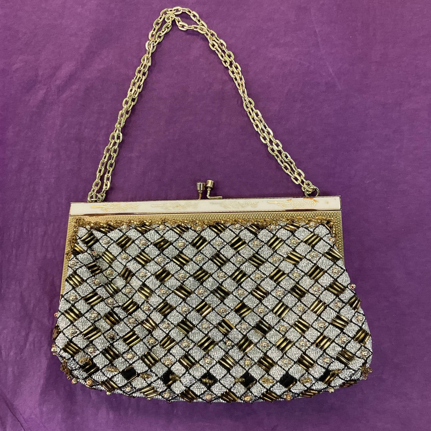 Vintage Mid Century Silver Metallic Lurex Evening Bag, Gold Beaded decoration and white lucite frame