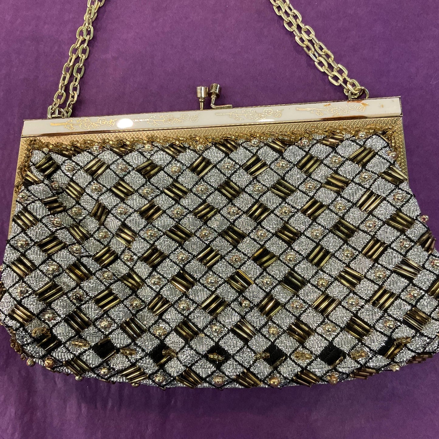 Vintage Mid Century Silver Metallic Lurex Evening Bag, Gold Beaded decoration and white lucite frame
