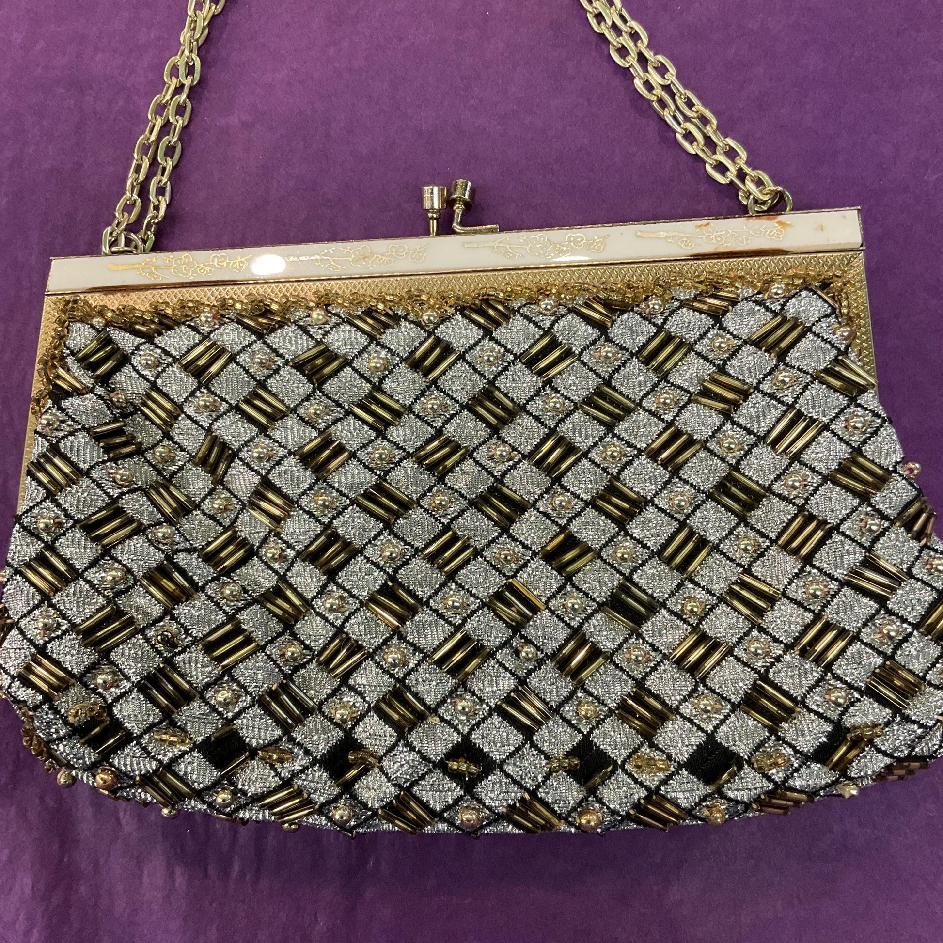 Vintage Mid Century Silver Metallic Lurex Evening Bag, Gold Beaded decoration and white lucite frame