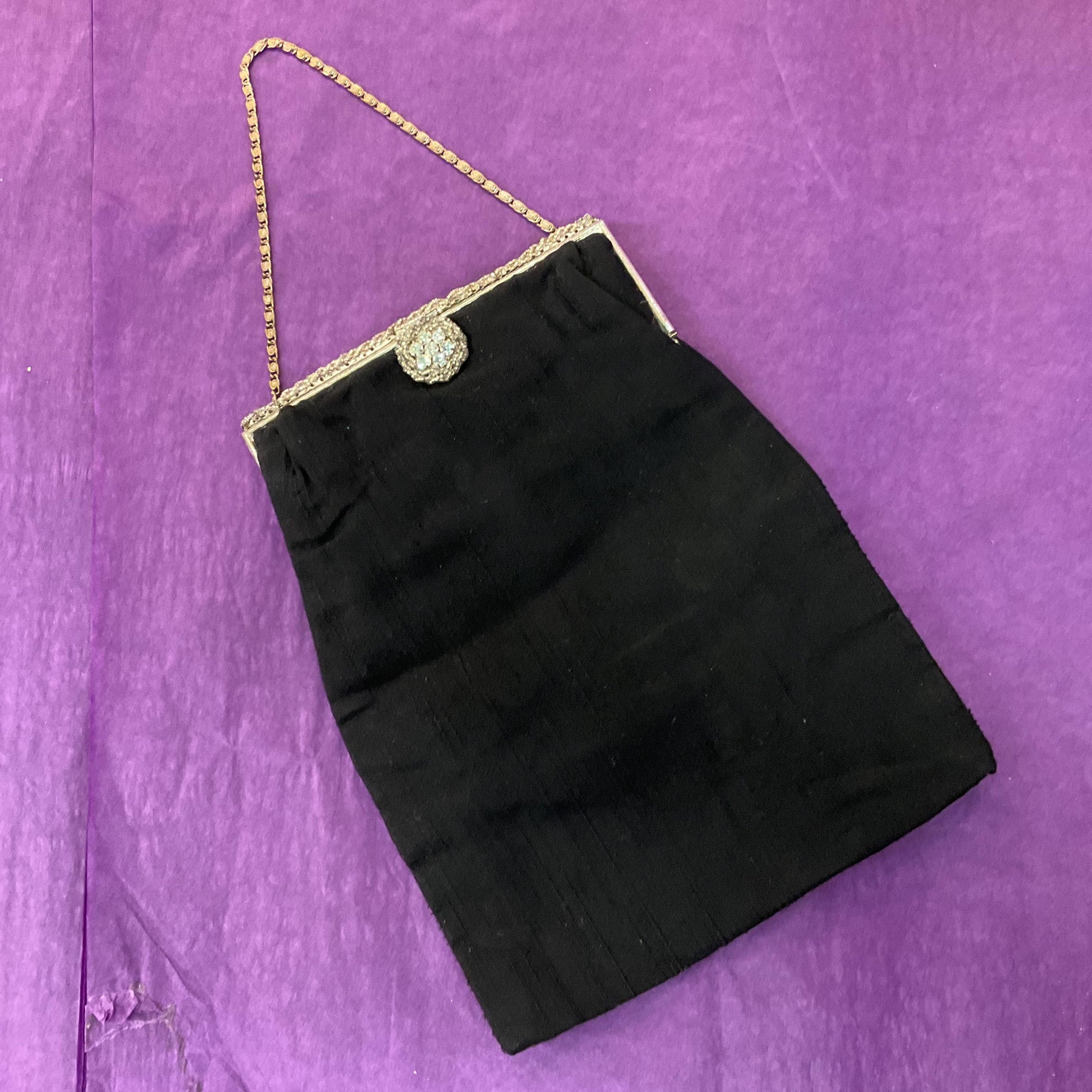 Vintage French Art Deco Black Silk Evening Bag by Dickens and Jones, Silver Crystal Clasp and beaded decoration