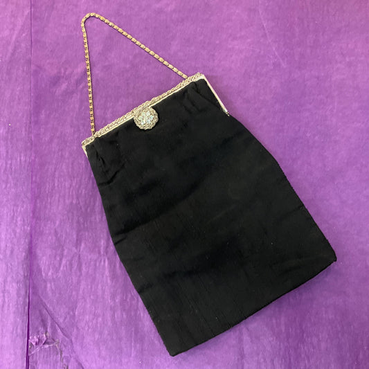 Vintage French Art Deco Black Silk Evening Bag by Dickens and Jones, Silver Crystal Clasp and beaded decoration
