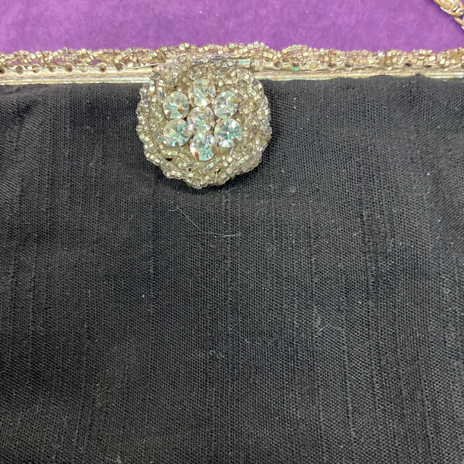 Vintage French Art Deco Black Silk Evening Bag by Dickens and Jones, Silver Crystal Clasp and beaded decoration