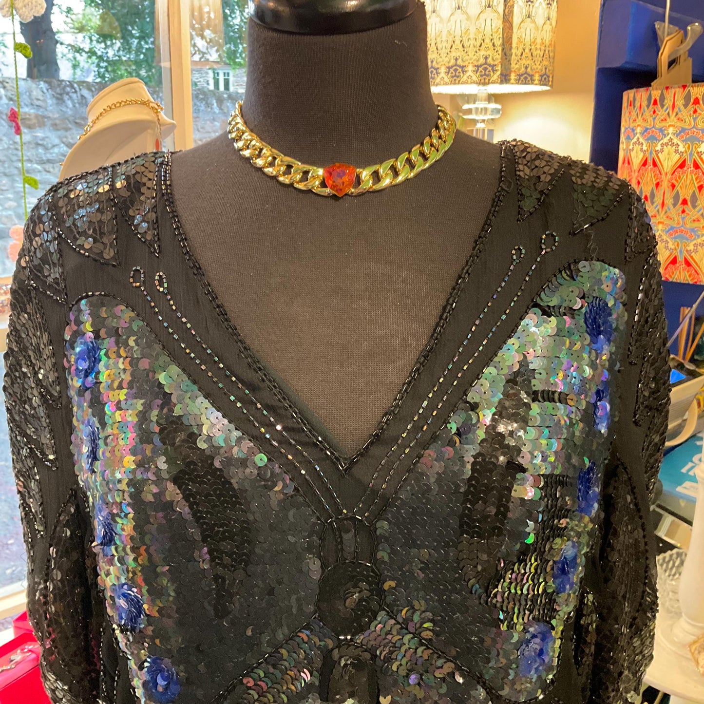 Vintage Butler and Wilson Gold Statement Crystal Chain Necklace, chunky curb chain with orange faceted Borealus Crystal, Signed