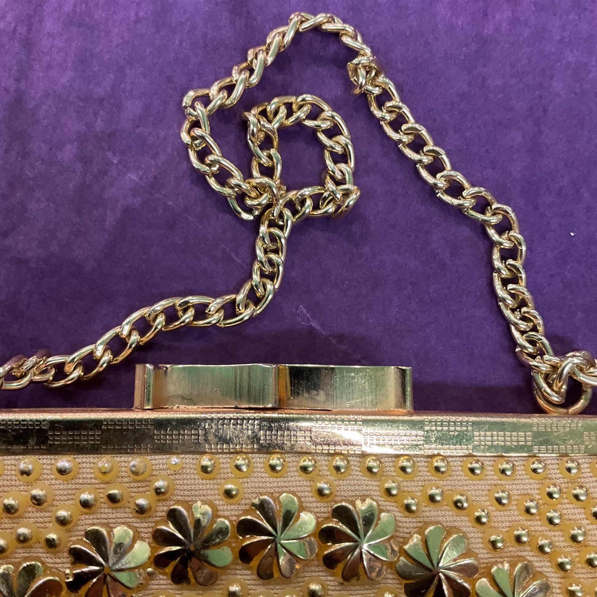 Vintage 1960s retro gold beaded evening bag by Golden Name, Bright gold bonded floral decoration.