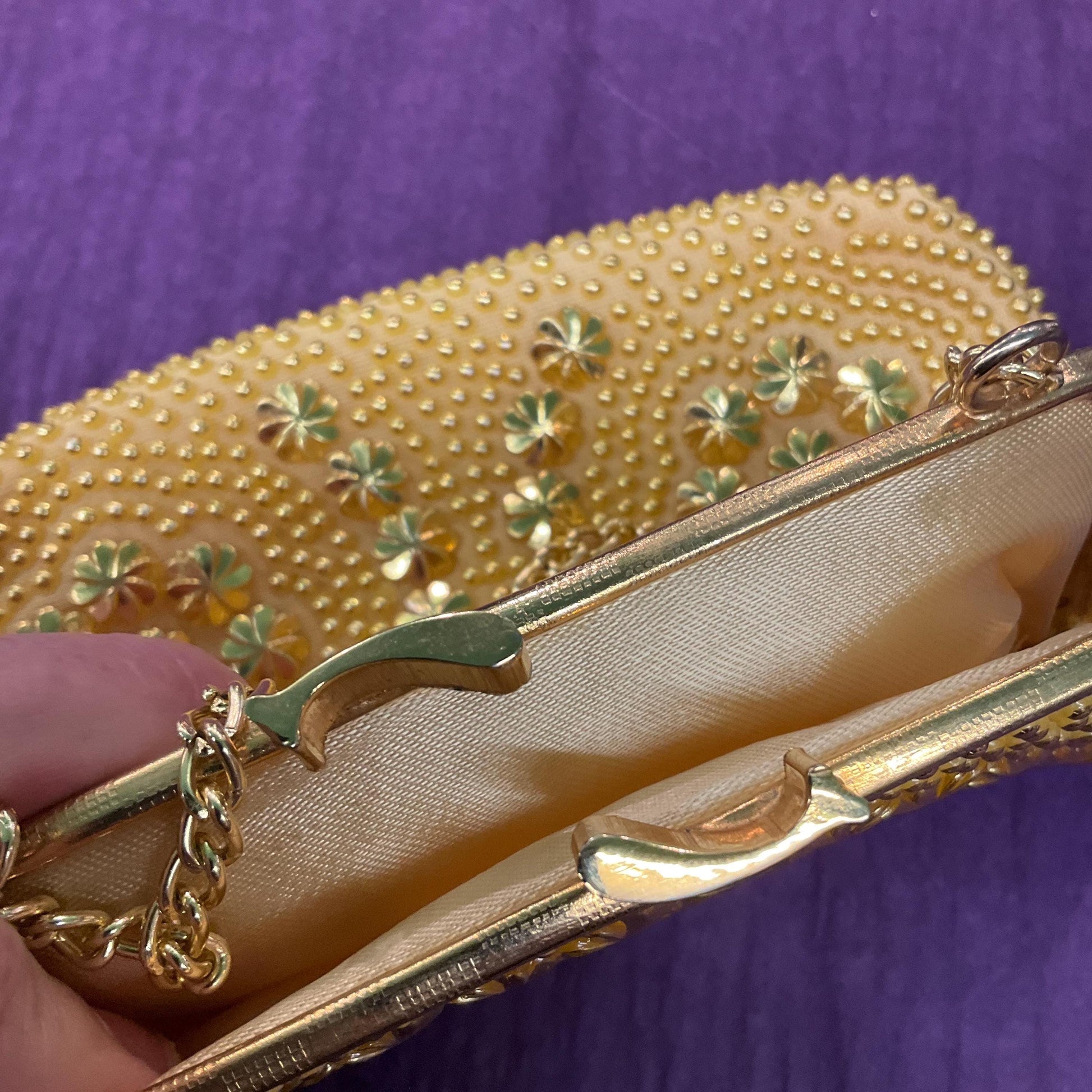 Vintage 1960s retro gold beaded evening bag by Golden Name, Bright gold bonded floral decoration.