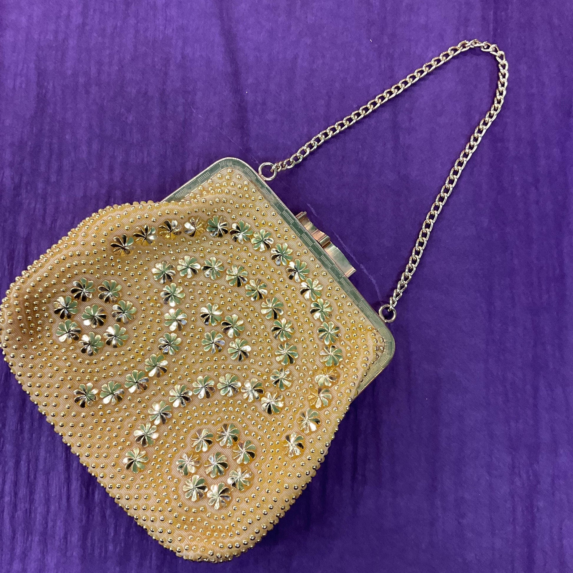 Vintage 1960s retro gold beaded evening bag by Golden Name, Bright gold bonded floral decoration.