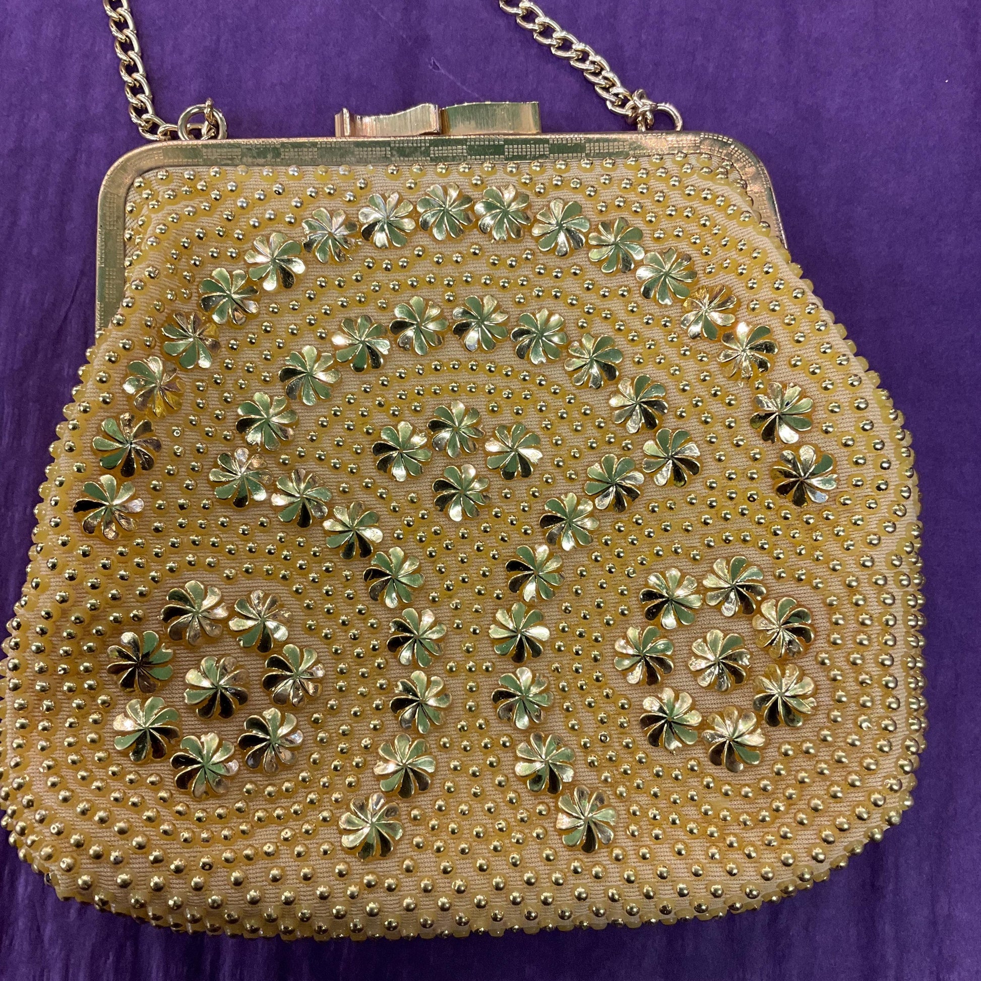 Vintage 1960s retro gold beaded evening bag by Golden Name, Bright gold bonded floral decoration.