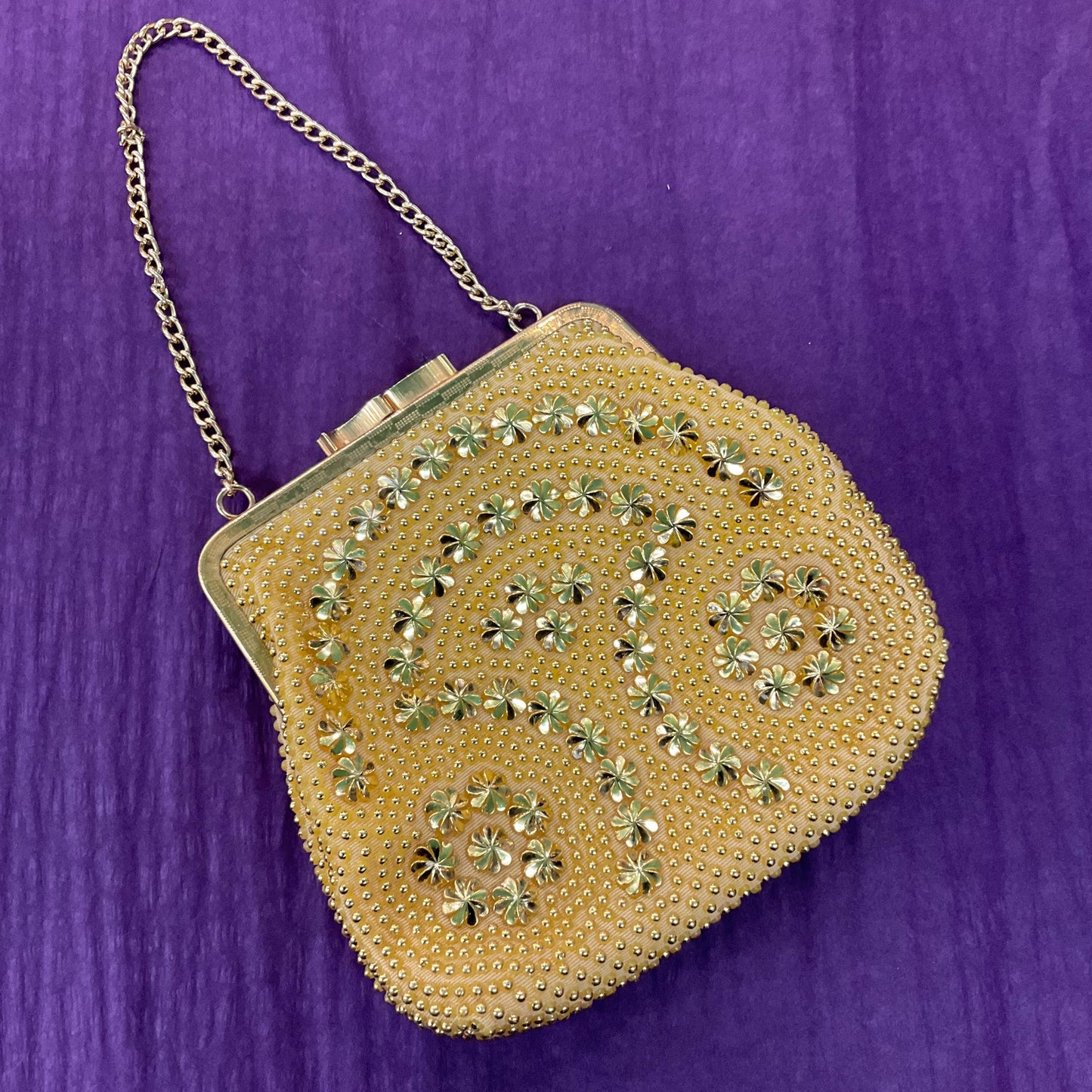 Vintage 1960s retro gold beaded evening bag by Golden Name, Bright gold bonded floral decoration.