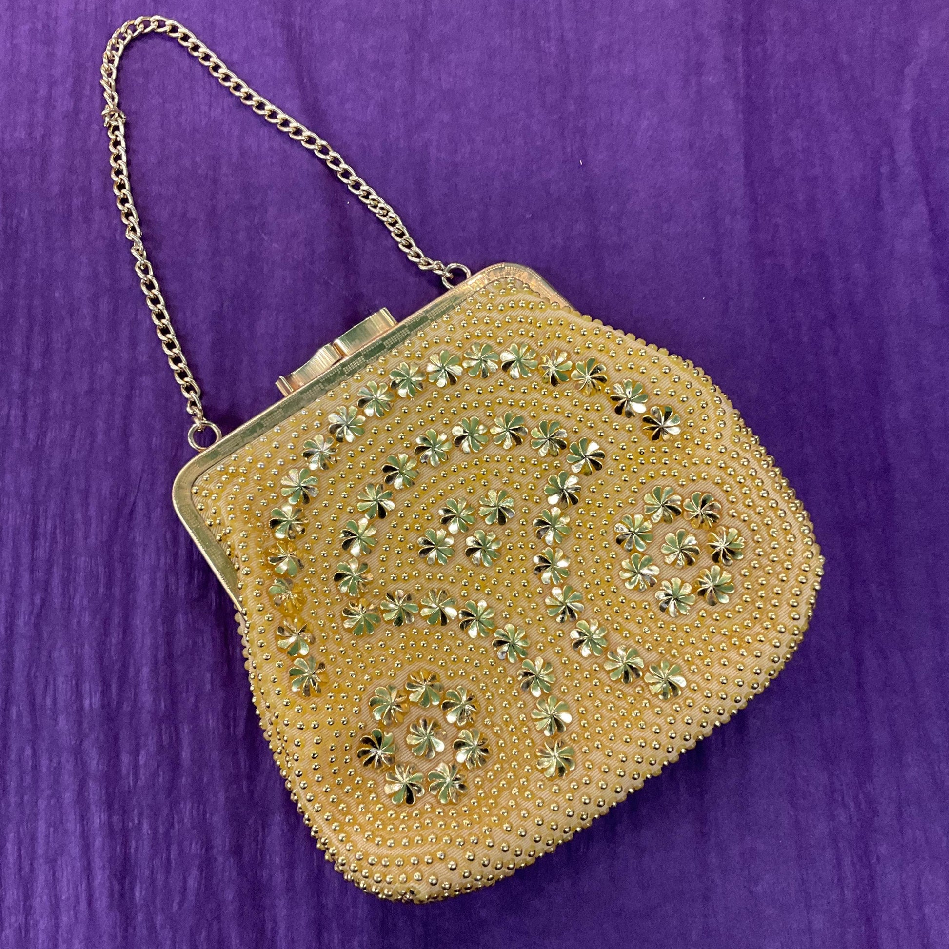 Vintage 1960s retro gold beaded evening bag by Golden Name, Bright gold bonded floral decoration.