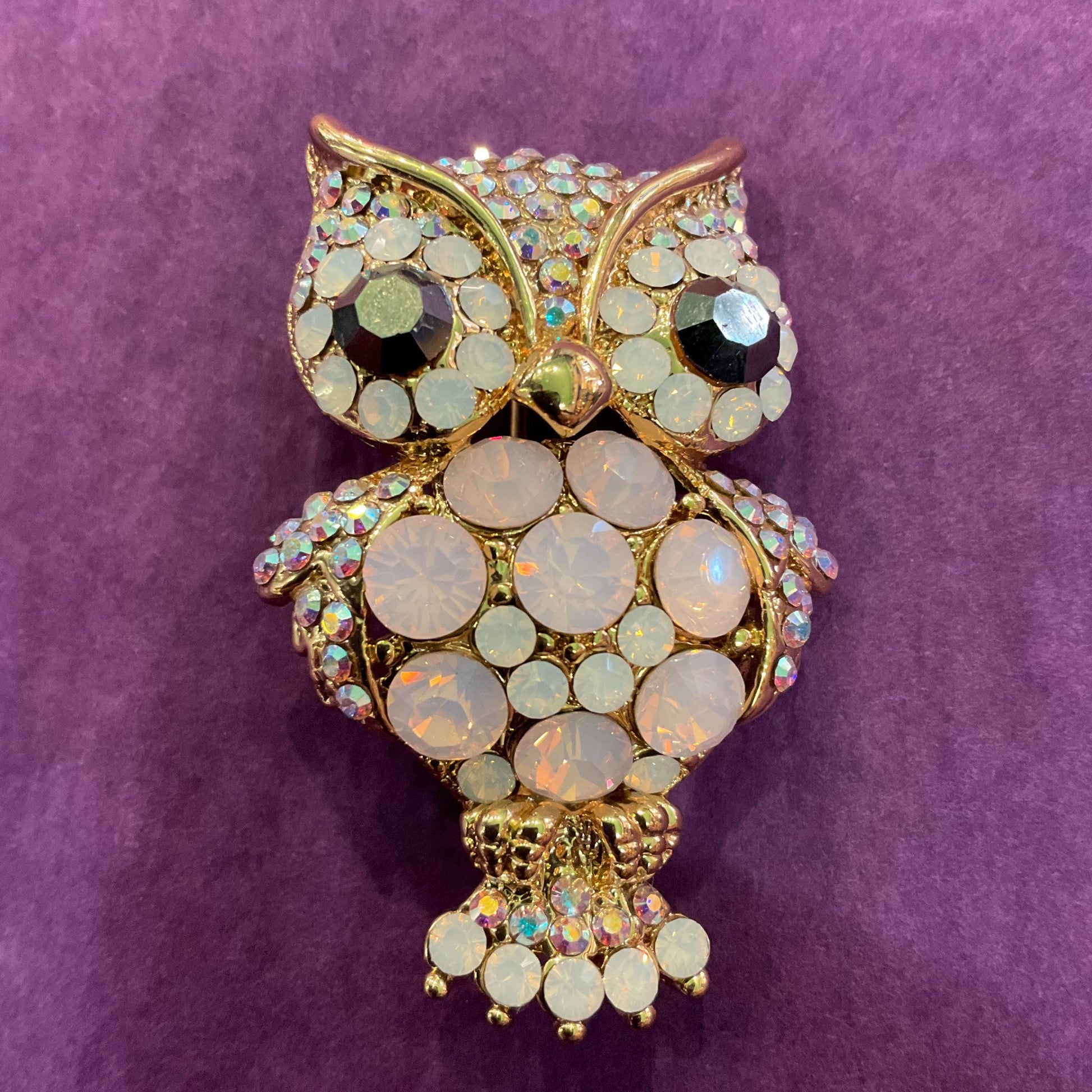 Vintage Butler and Wilson Large Crystal Owl Brooch, Gold tone with Opalite Crystals and Borealis Rhinestones, Owl lover gift