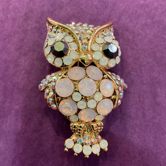 Vintage Butler and Wilson Large Crystal Owl Brooch, Gold tone with Opalite Crystals and Borealis Rhinestones, Owl lover gift
