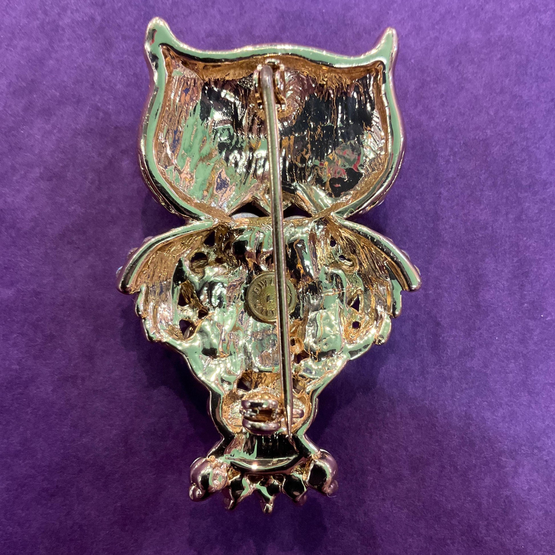 Vintage Butler and Wilson Large Crystal Owl Brooch, Gold tone with Opalite Crystals and Borealis Rhinestones, Owl lover gift
