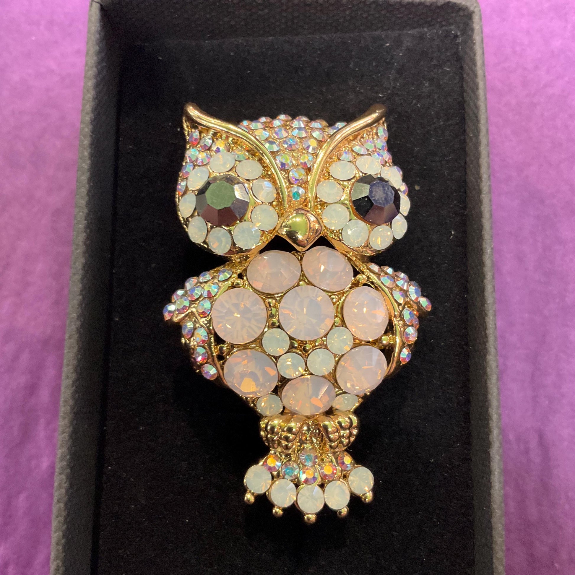 Vintage Butler and Wilson Large Crystal Owl Brooch, Gold tone with Opalite Crystals and Borealis Rhinestones, Owl lover gift