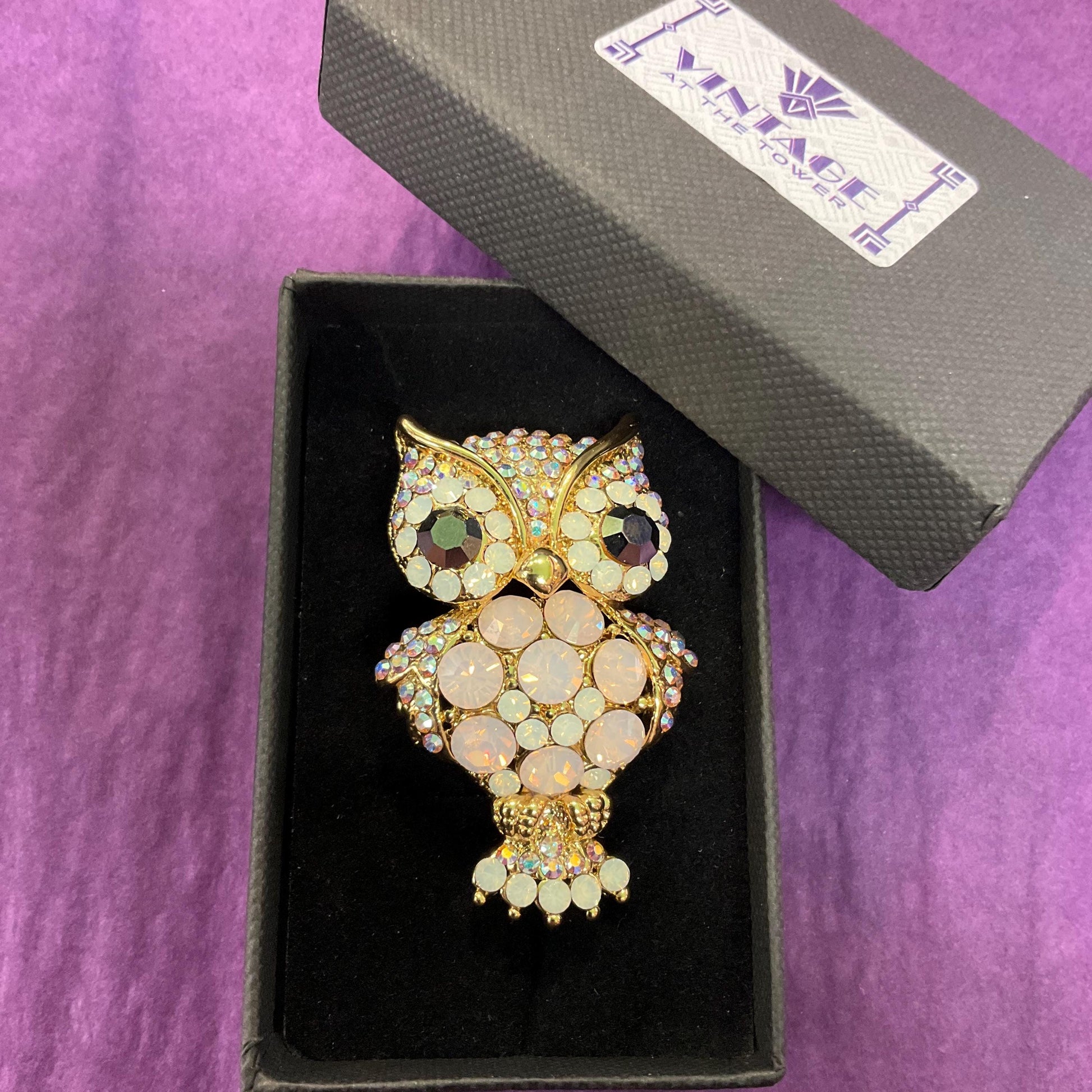 Vintage Butler and Wilson Large Crystal Owl Brooch, Gold tone with Opalite Crystals and Borealis Rhinestones, Owl lover gift