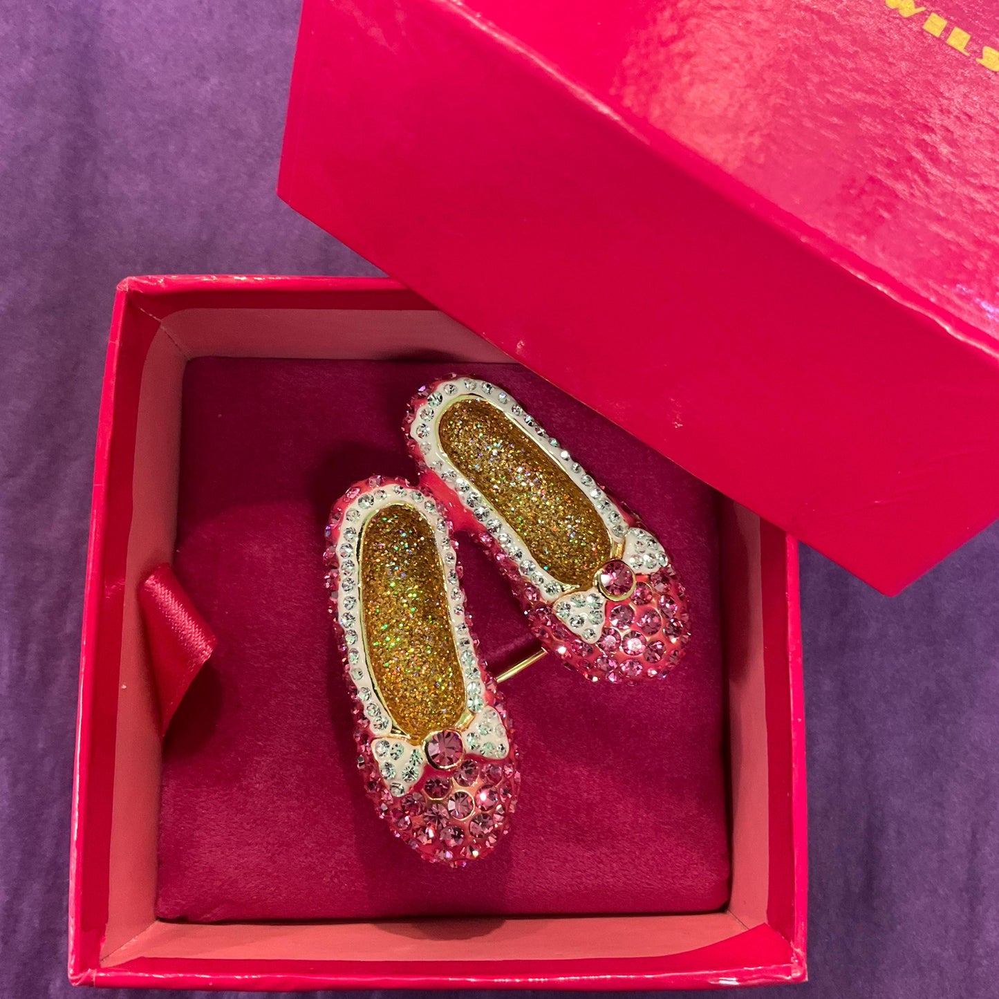 Vintage Butler and Wilson Dorothy’s Slippers Large Pink Crystal Brooch, Gold tone with pink and silver crystals , Shoe lover gift
