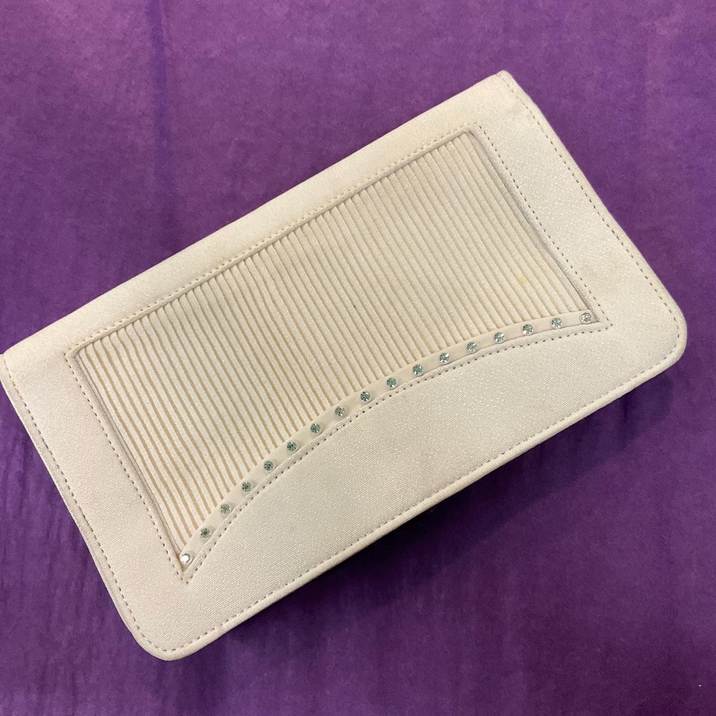 Vintage 1950s Ivory Crepe Silk Clutch Bag by CFR, finely pleated panel with silver rhinestone crystal trim, vintage wedding