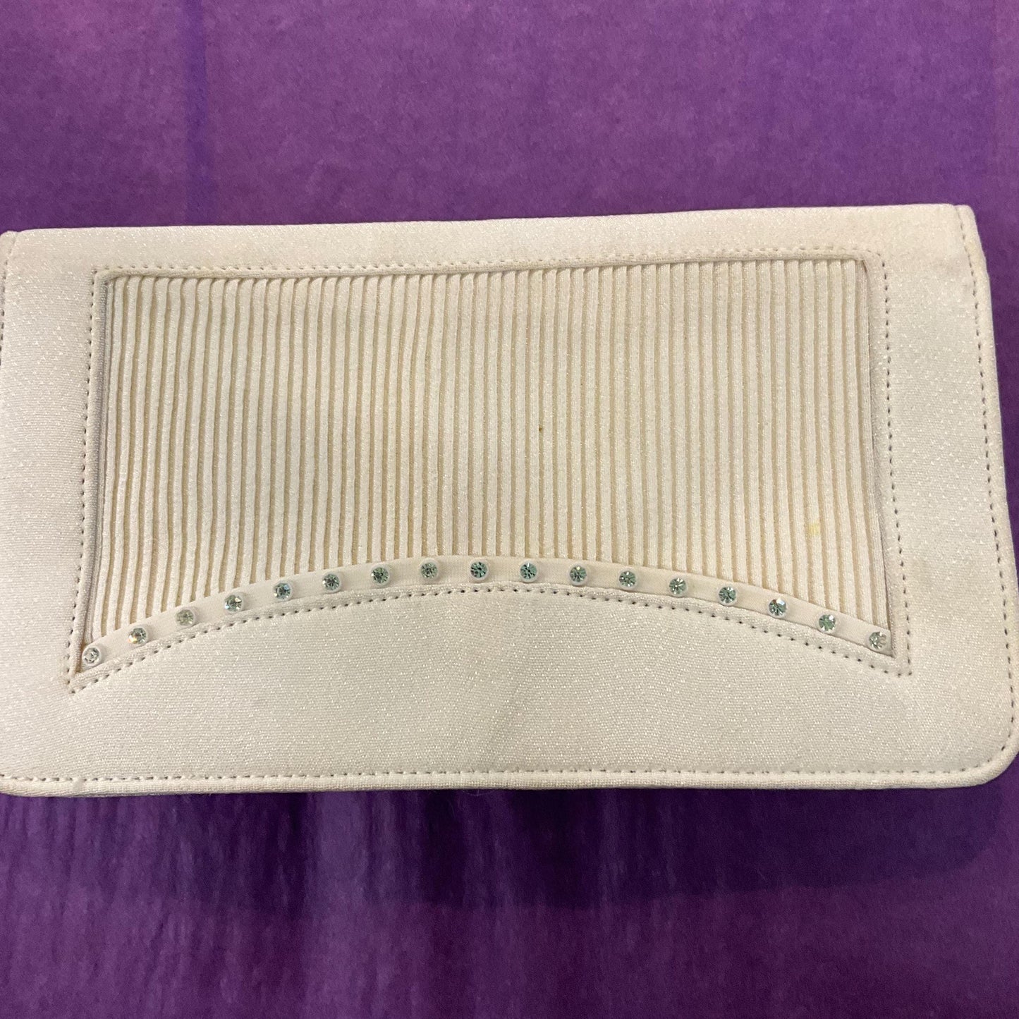 Vintage 1950s Ivory Crepe Silk Clutch Bag by CFR, finely pleated panel with silver rhinestone crystal trim, vintage wedding